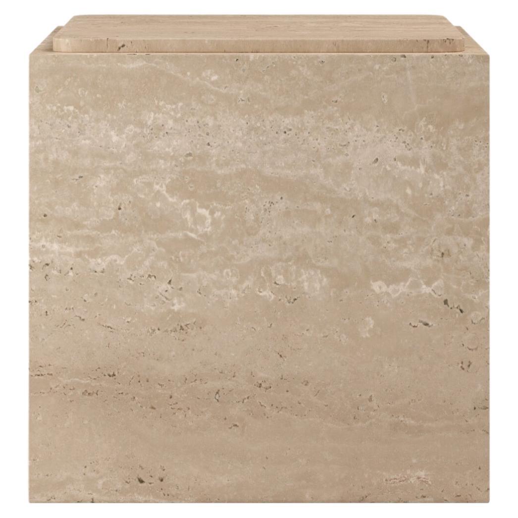 FORM(LA) Cubo Square Side Table 18”L x 18"W x 19”H Travertino Crema VC For Sale