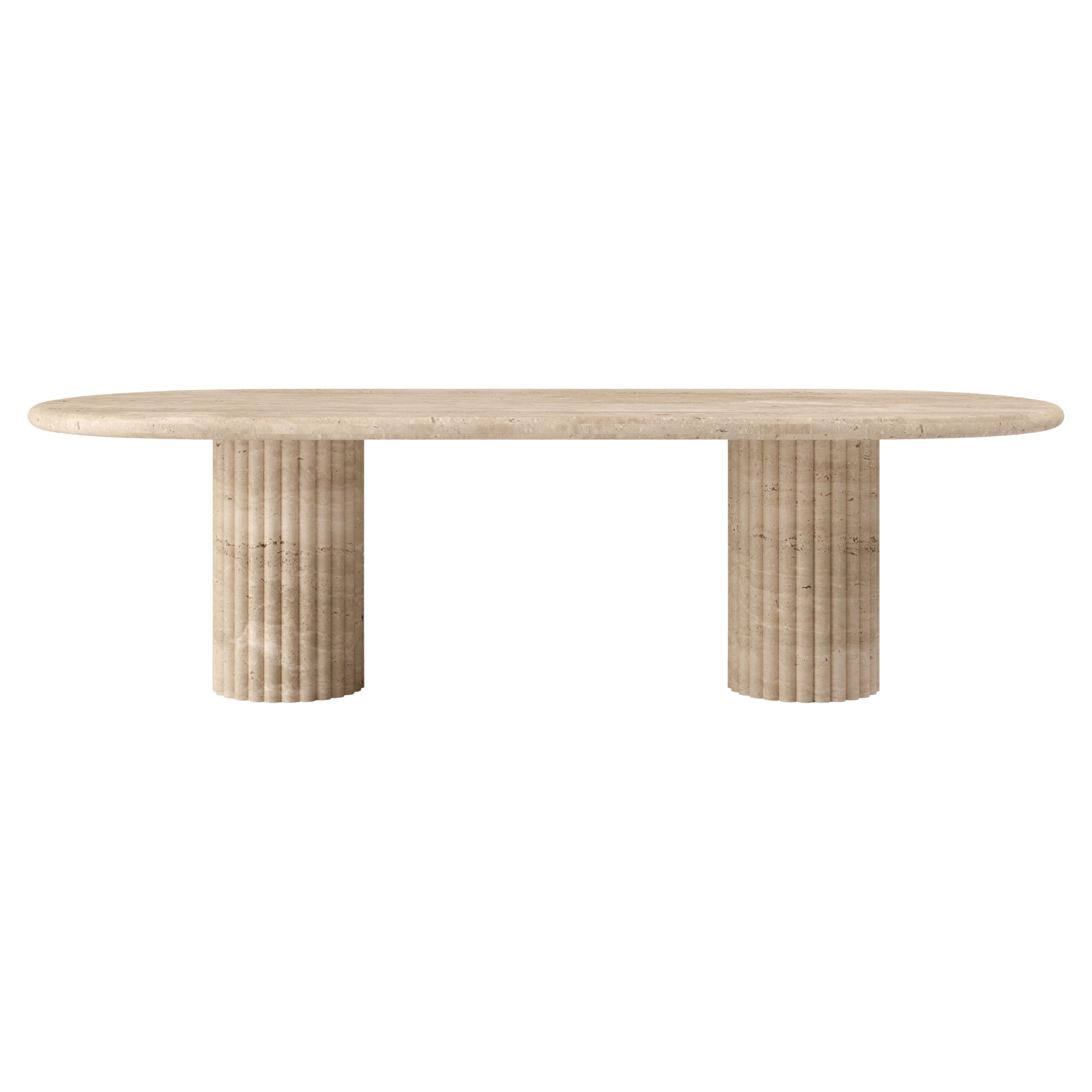 FORM(LA) Fluta Oval Dining Table 84”L x 42”W x 30”H Travertino Crema VC For Sale
