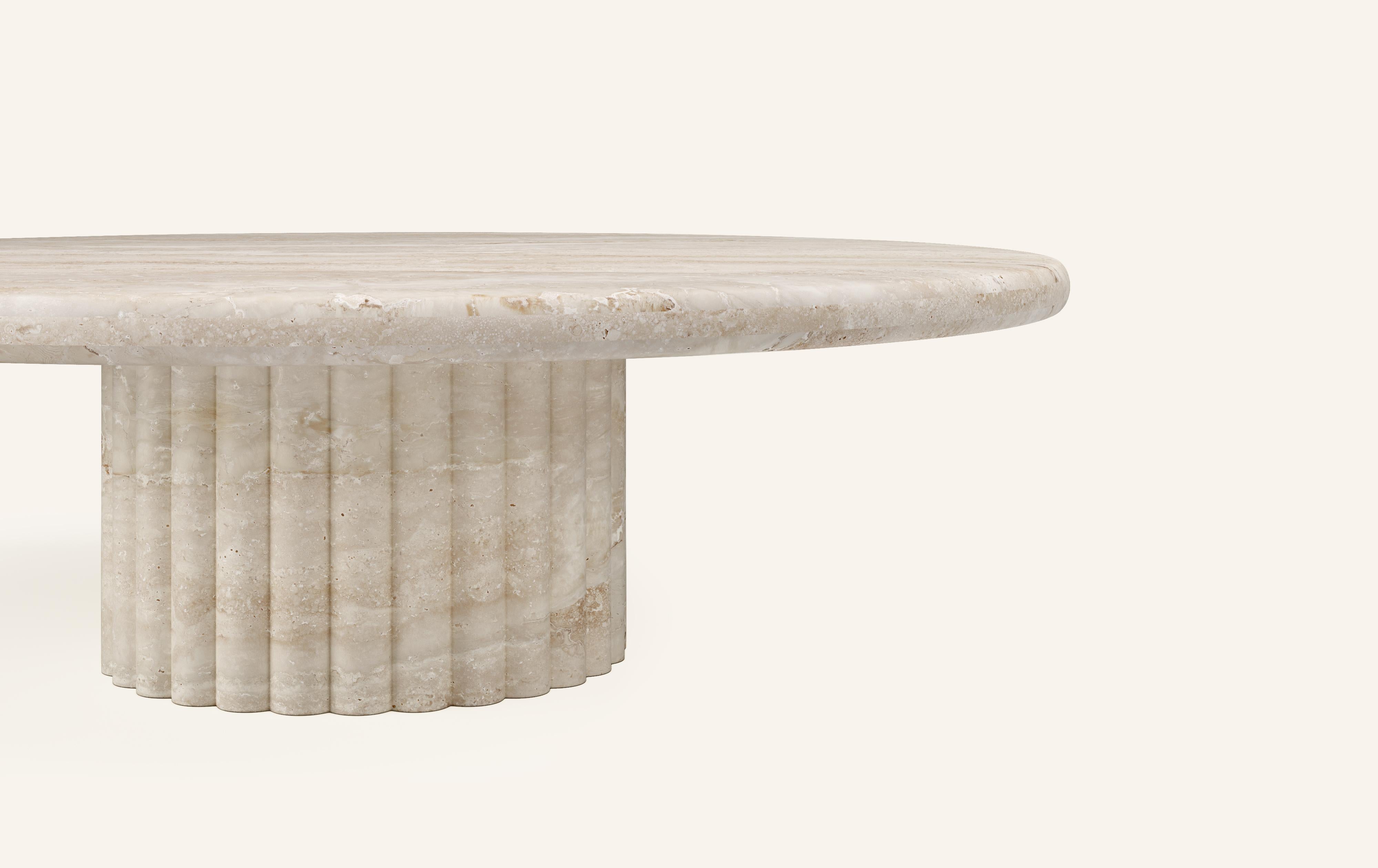 Organic Modern FORM(LA) Fluta Round Coffee Table 42”L x 42”W x 14”H Travertino Navona VC For Sale