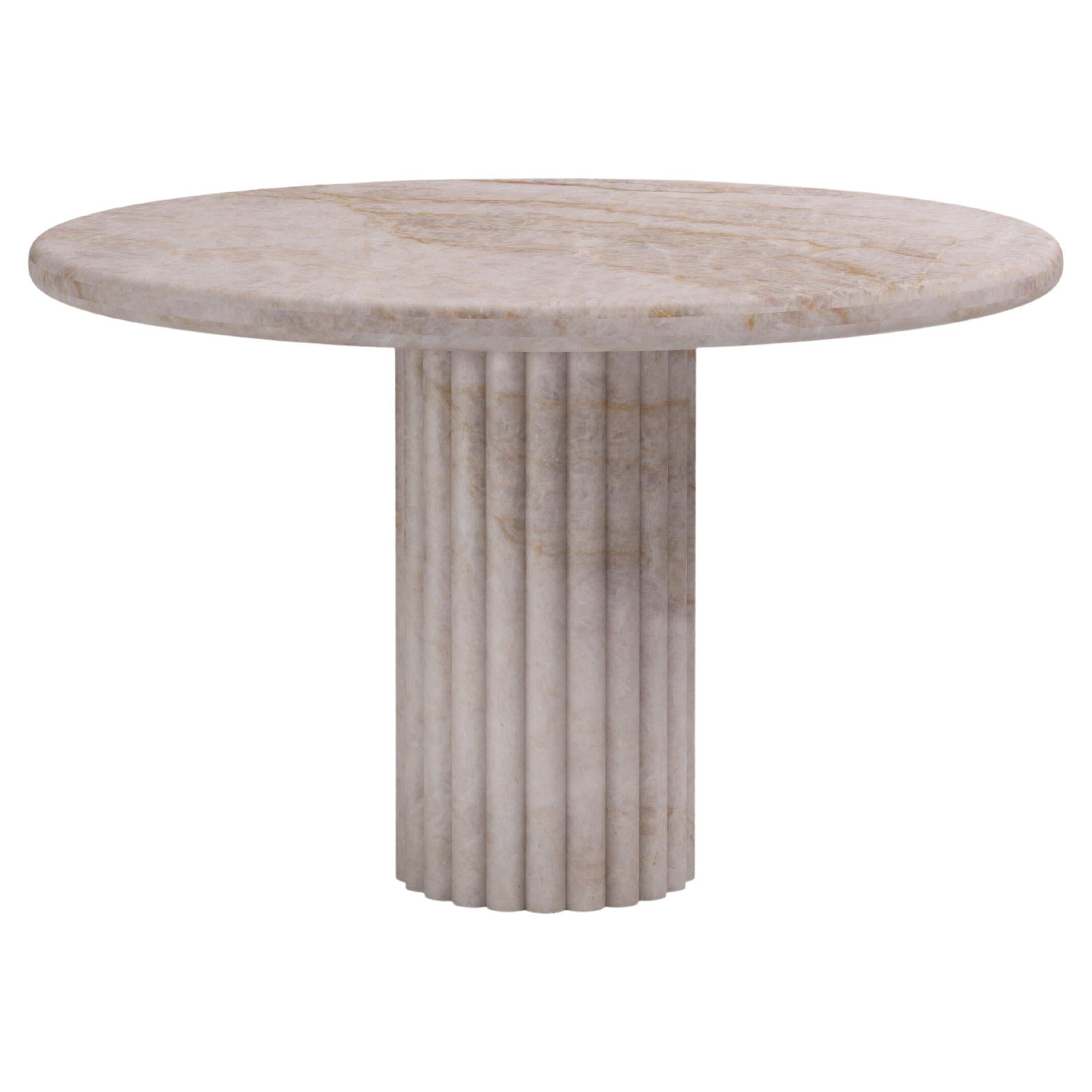 FORM(LA) Fluta Round Dining Table 36”L x 36”W x 30”H Taj Mahal Quartzite For Sale