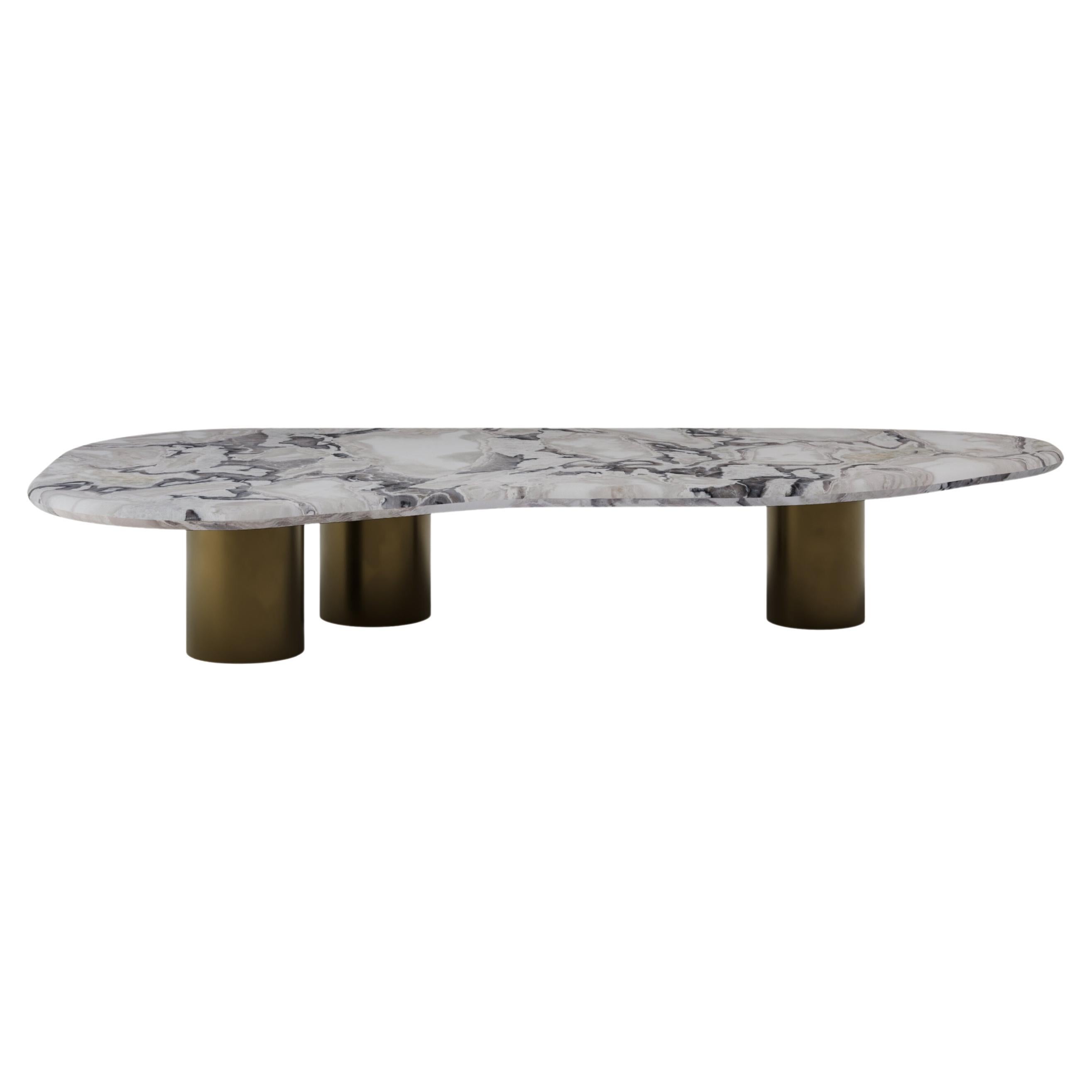 FORM(LA) Lago Freeform Coffee Table 60”L x 30”W x 12”H Oyster Marble & Bronze For Sale