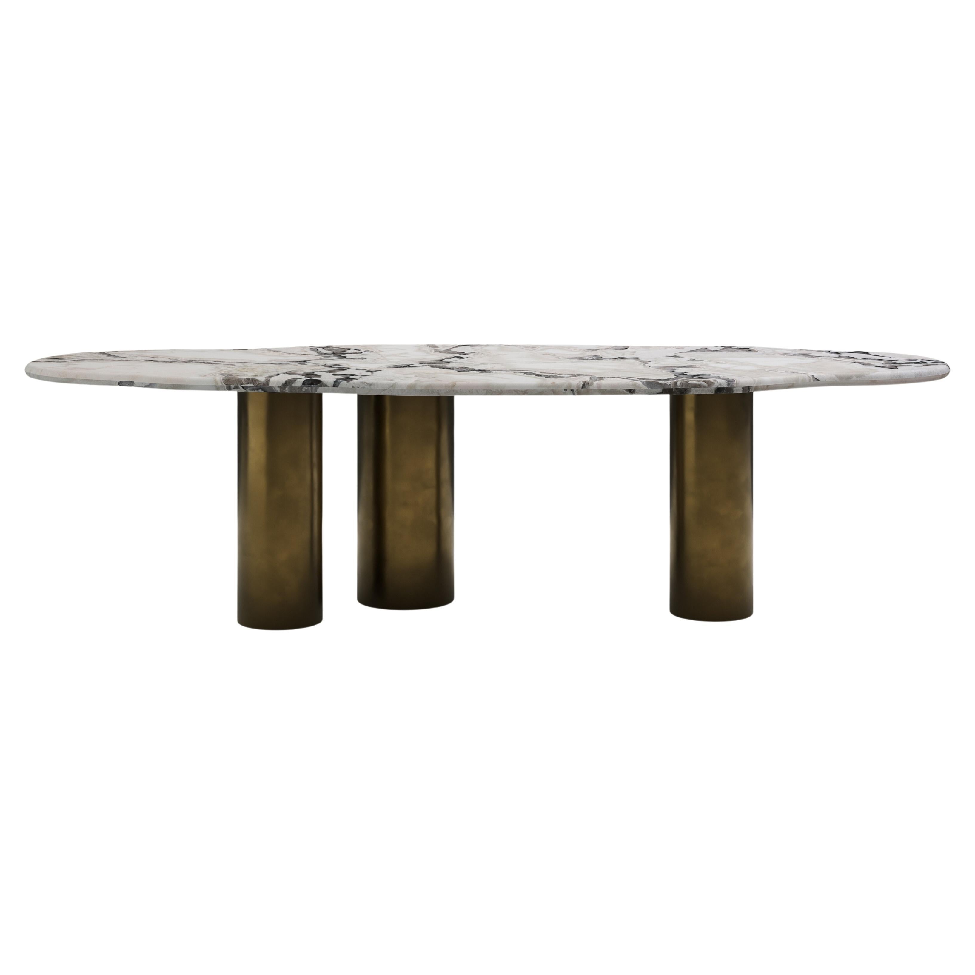 FORM(LA) Lago Freeform Dining Table 108”L x 48”W x 30”H Oyster Marble & Bronze For Sale