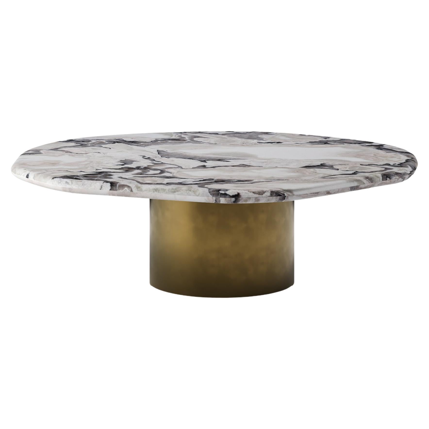 FORM(LA) Lago Round Coffee Table 36”L x 36”W x 14”H Oyster White Marble & Bronze For Sale