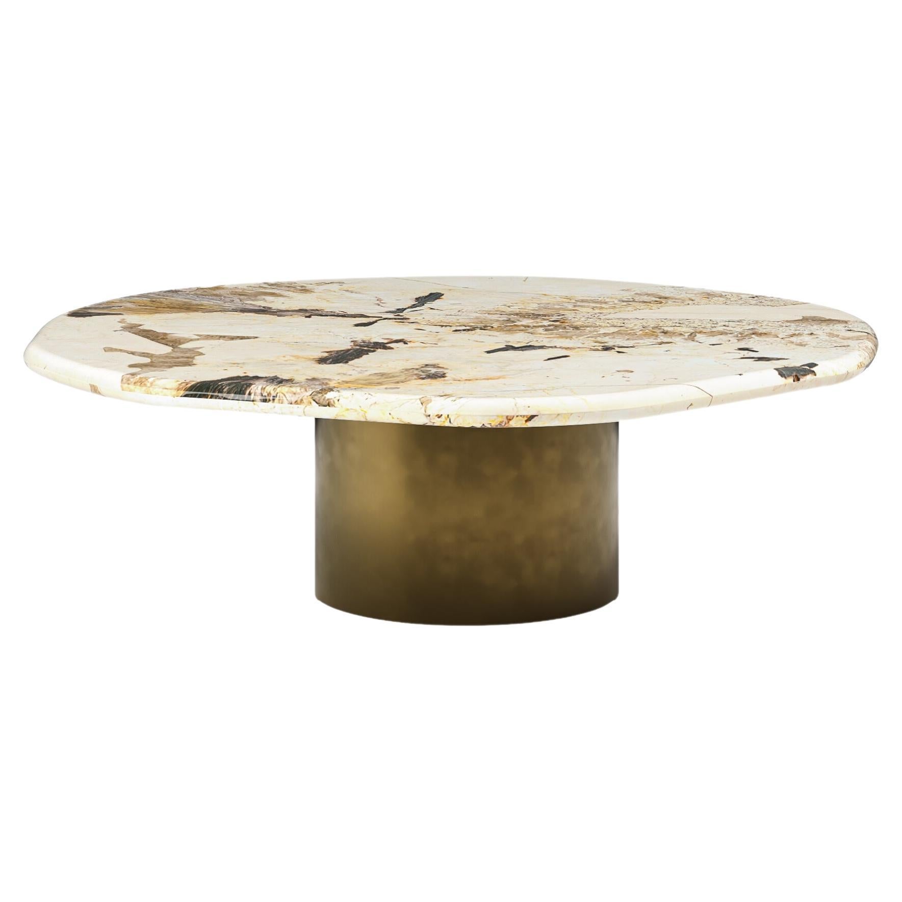 FORM(LA) Lago Round Coffee Table 36”L x 36”W x 14”H Quartzite & Antique Bronze For Sale