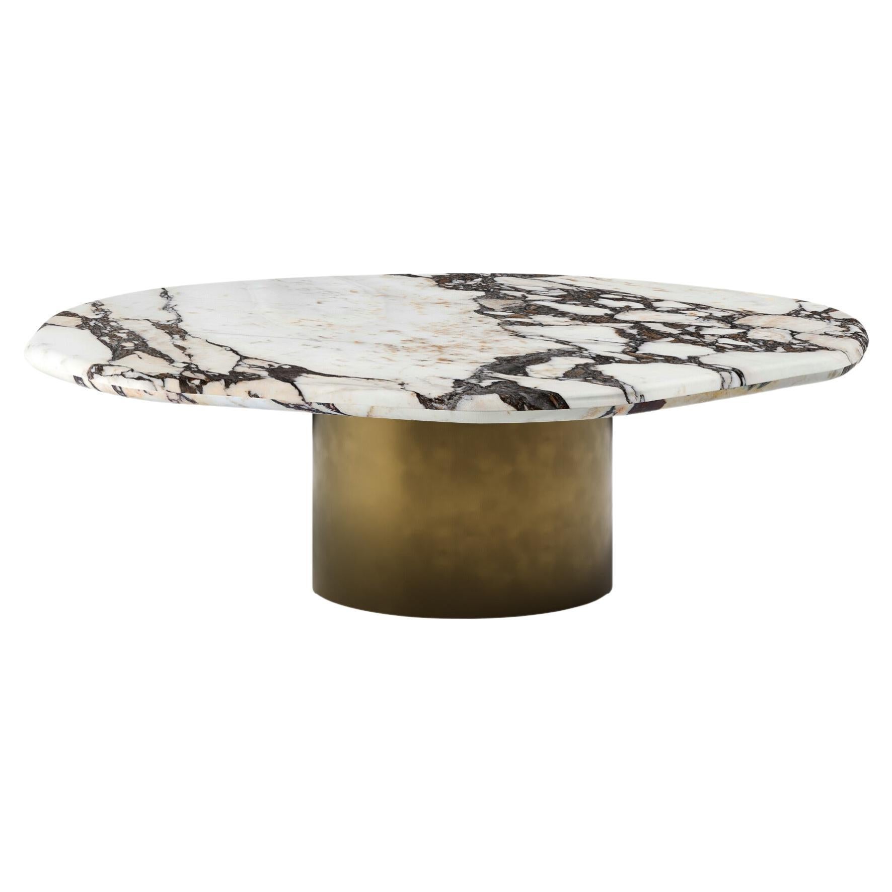 FORM(LA) Lago Round Coffee Table 36”L x 36”W x 14”H Viola Marble & Bronze For Sale