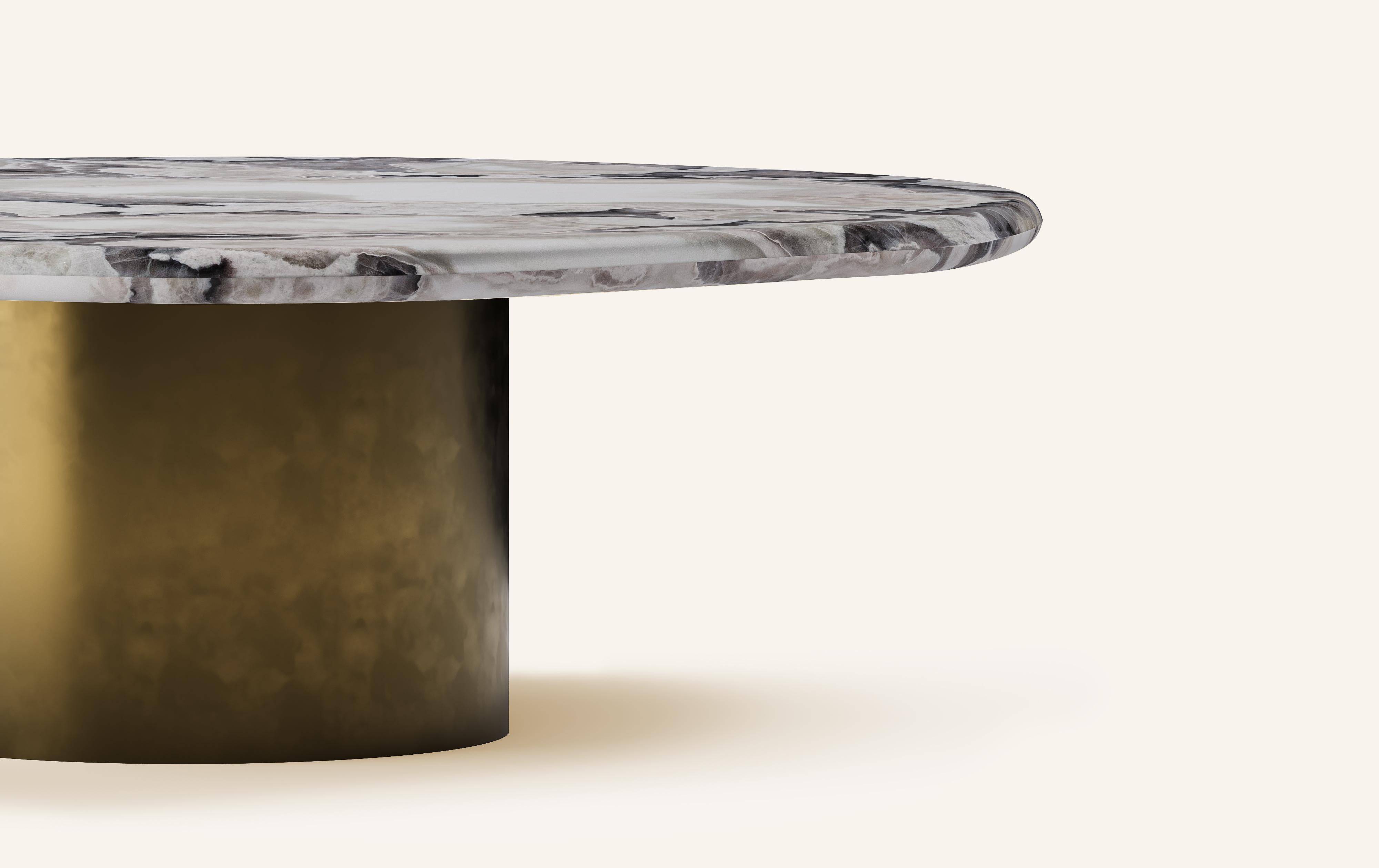 Organic Modern FORM(LA) Lago Round Coffee Table 54”L x 54”W x 14”H Oyster Marble & Bronze For Sale
