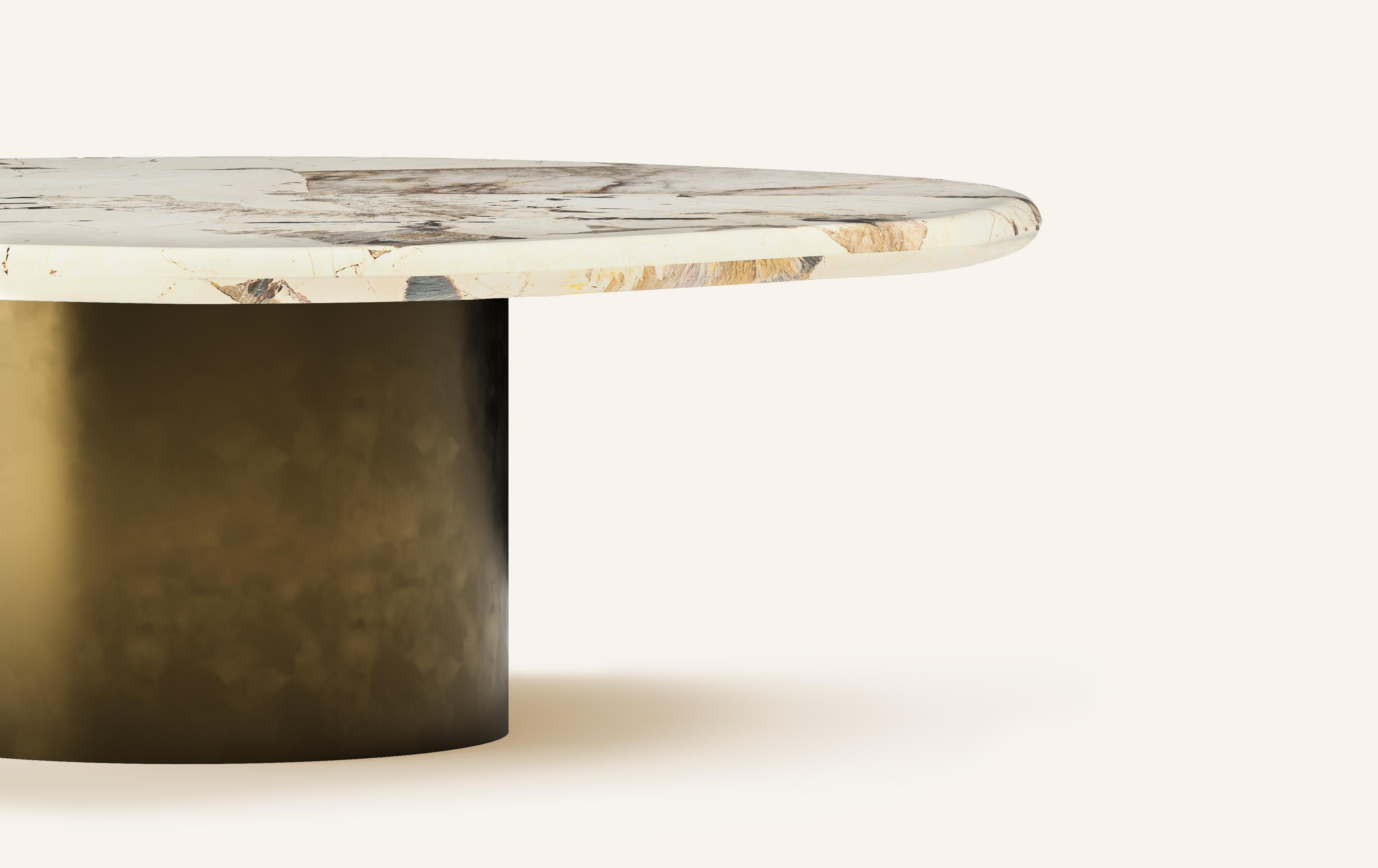 Organic Modern FORM(LA) Lago Round Coffee Table 60”L x 60”W x 14”H Quartzite & Antique Bronze For Sale