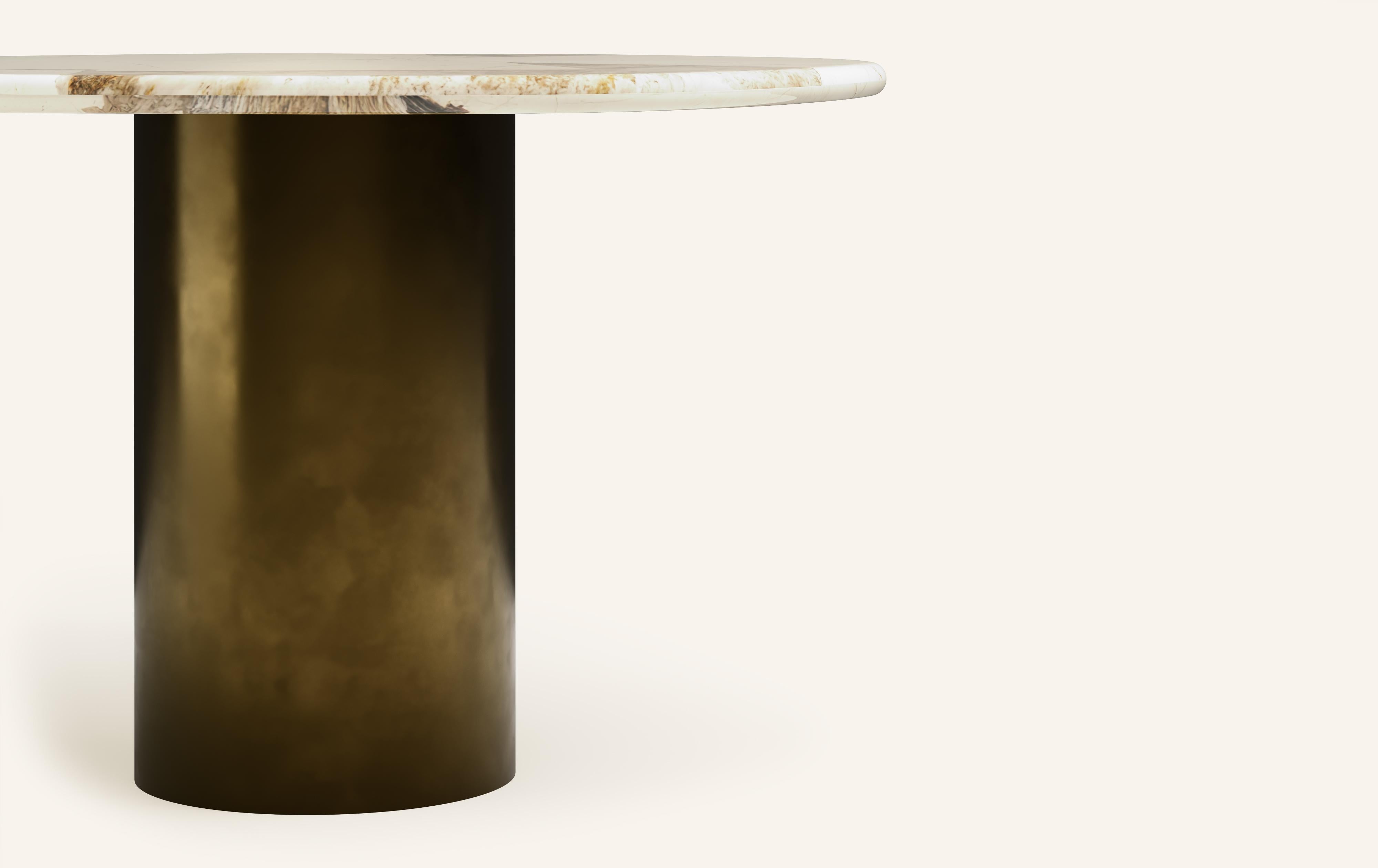 Organic Modern FORM(LA) Lago Round Dining Table 36”L x 36”W x 30”H Quartzite & Antique Bronze For Sale