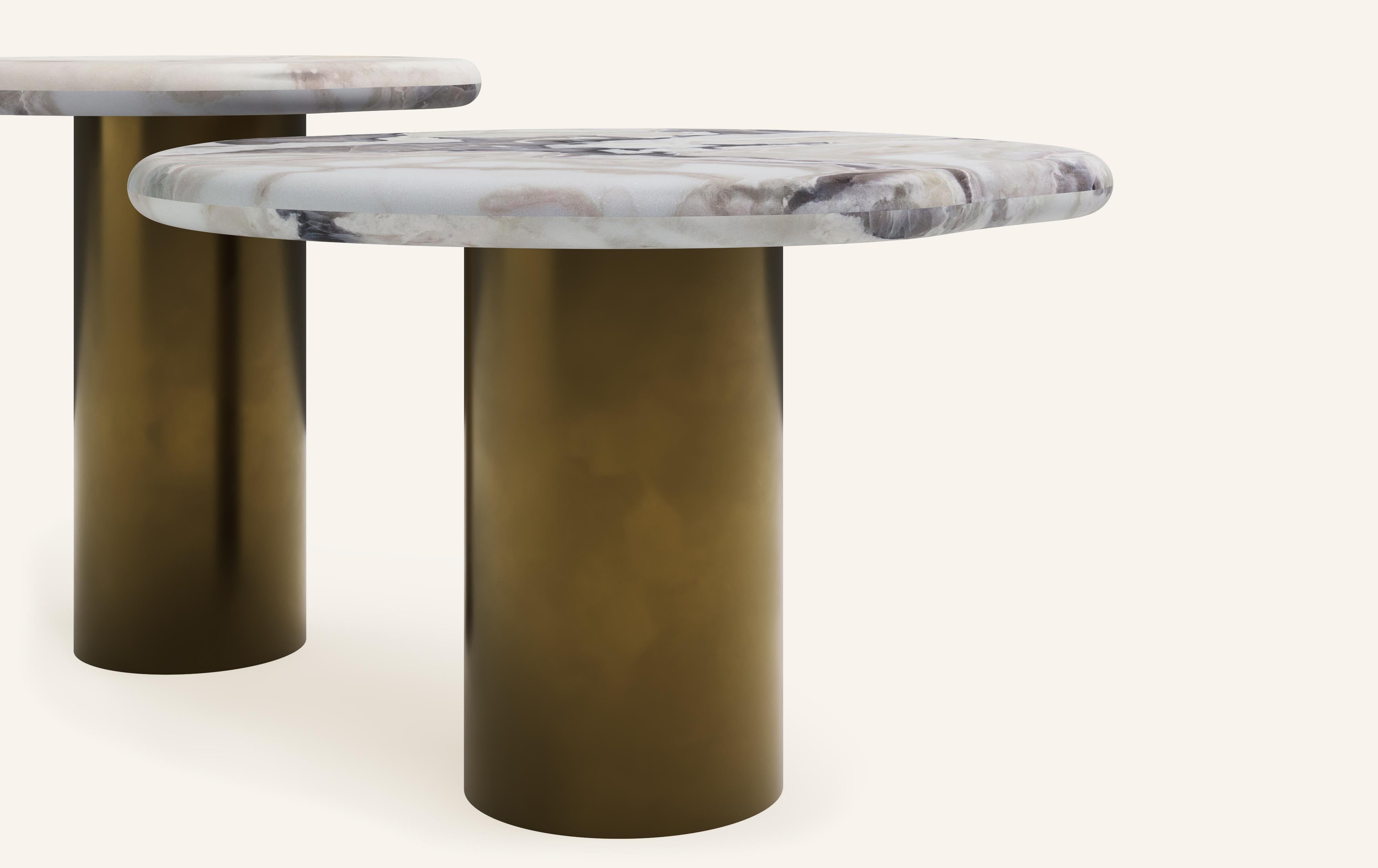 Organic Modern FORM(LA) Lago Round Side Table 18”L x 18”W x 18”H Oyster Marble & Antique Bronze For Sale