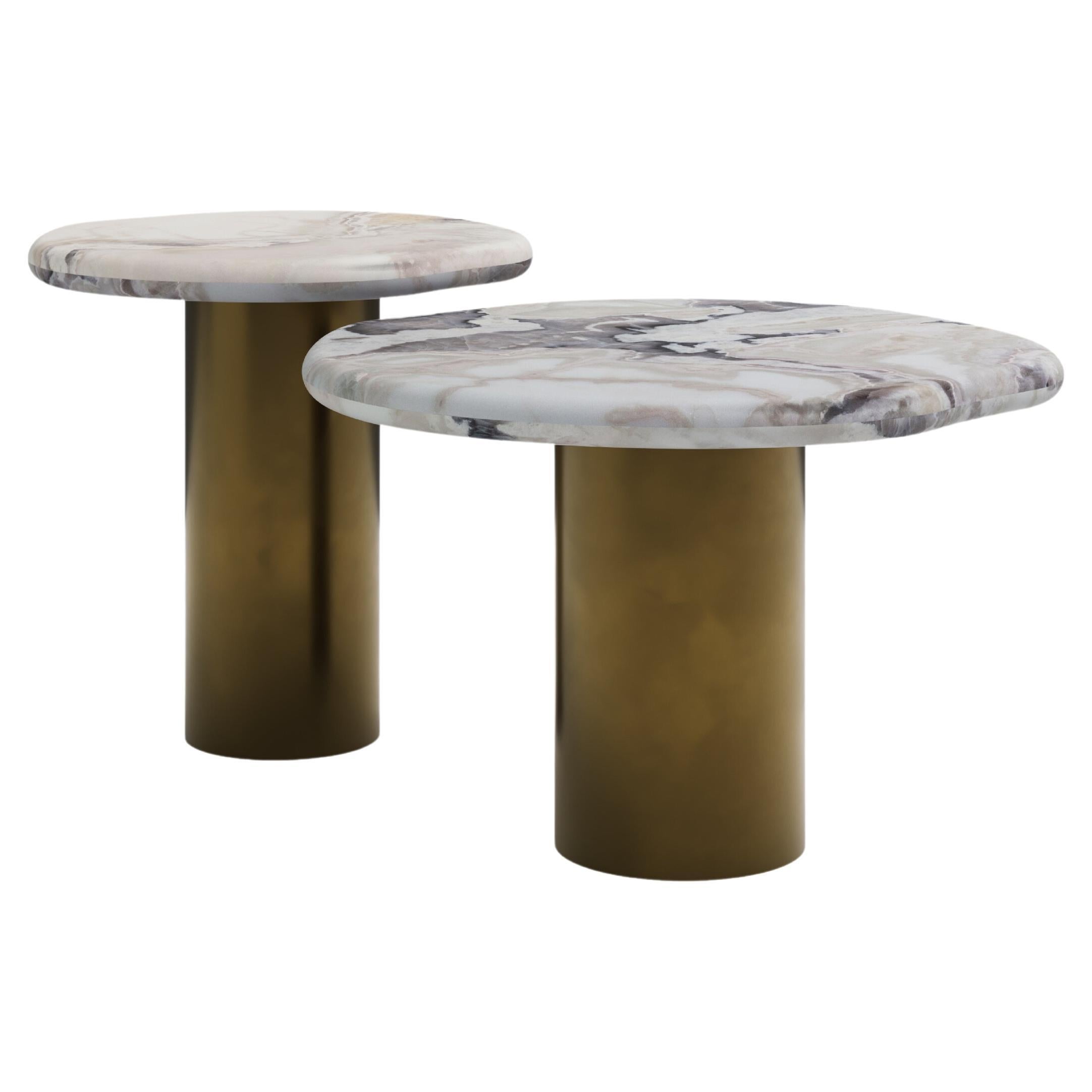 FORM(LA) Lago Round Side Table 18”L x 18”W x 18”H Oyster Marble & Antique Bronze For Sale