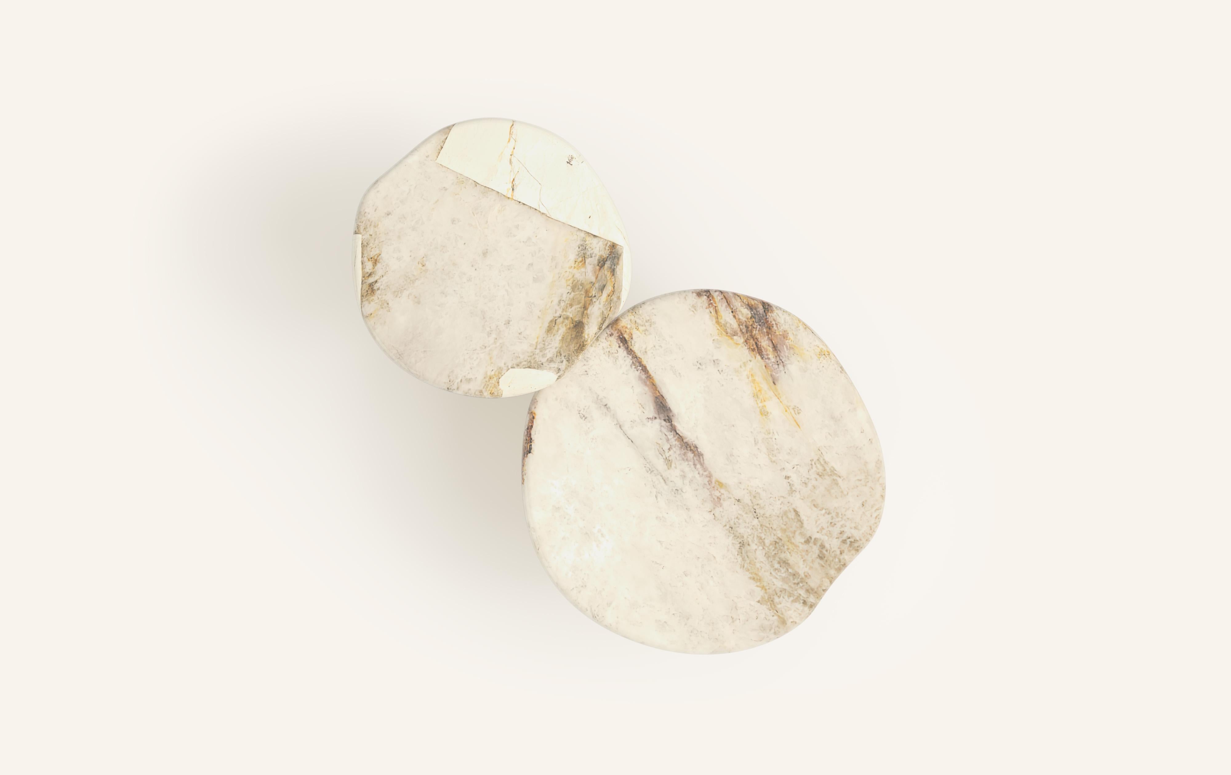 American FORM(LA) Lago Round Side Table 18”L x 18”W x 18”H Quartzite & Antique Bronze For Sale