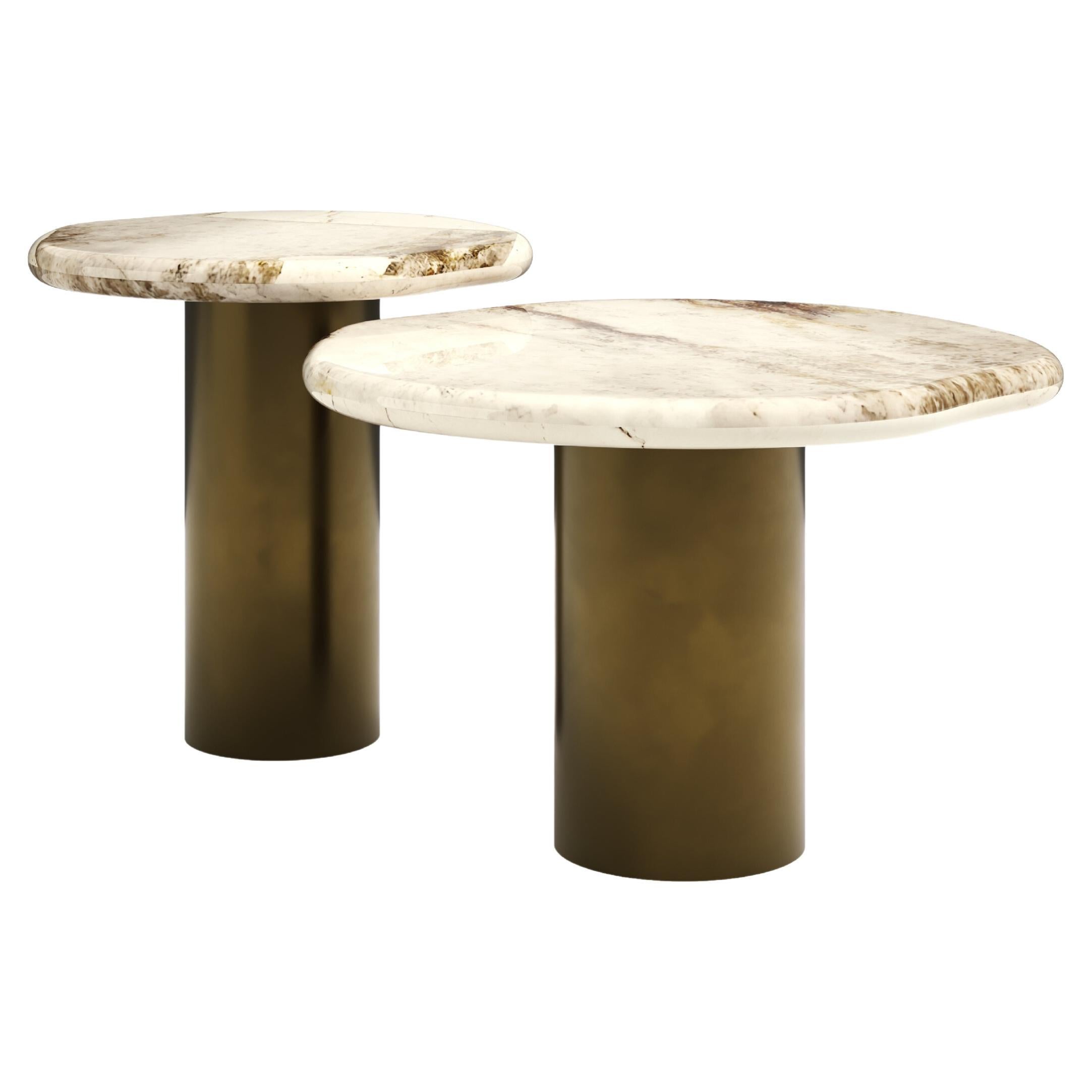 FORM(LA) Lago Round Side Table 18”L x 18”W x 18”H Quartzite & Antique Bronze For Sale