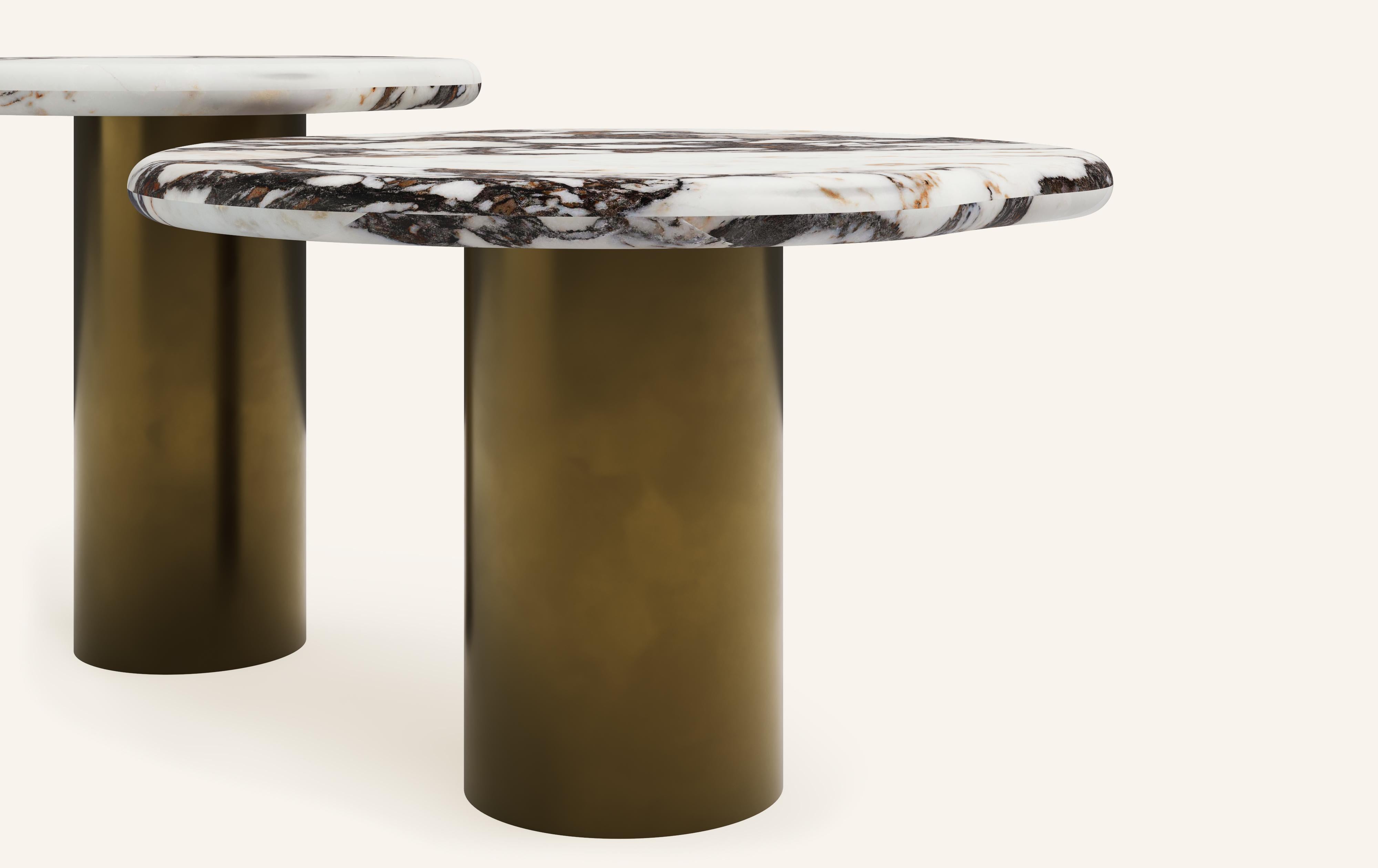 Organic Modern FORM(LA) Lago Round Side Table 18”L x 18”W x 18”H Viola Marble & Antique Bronze For Sale