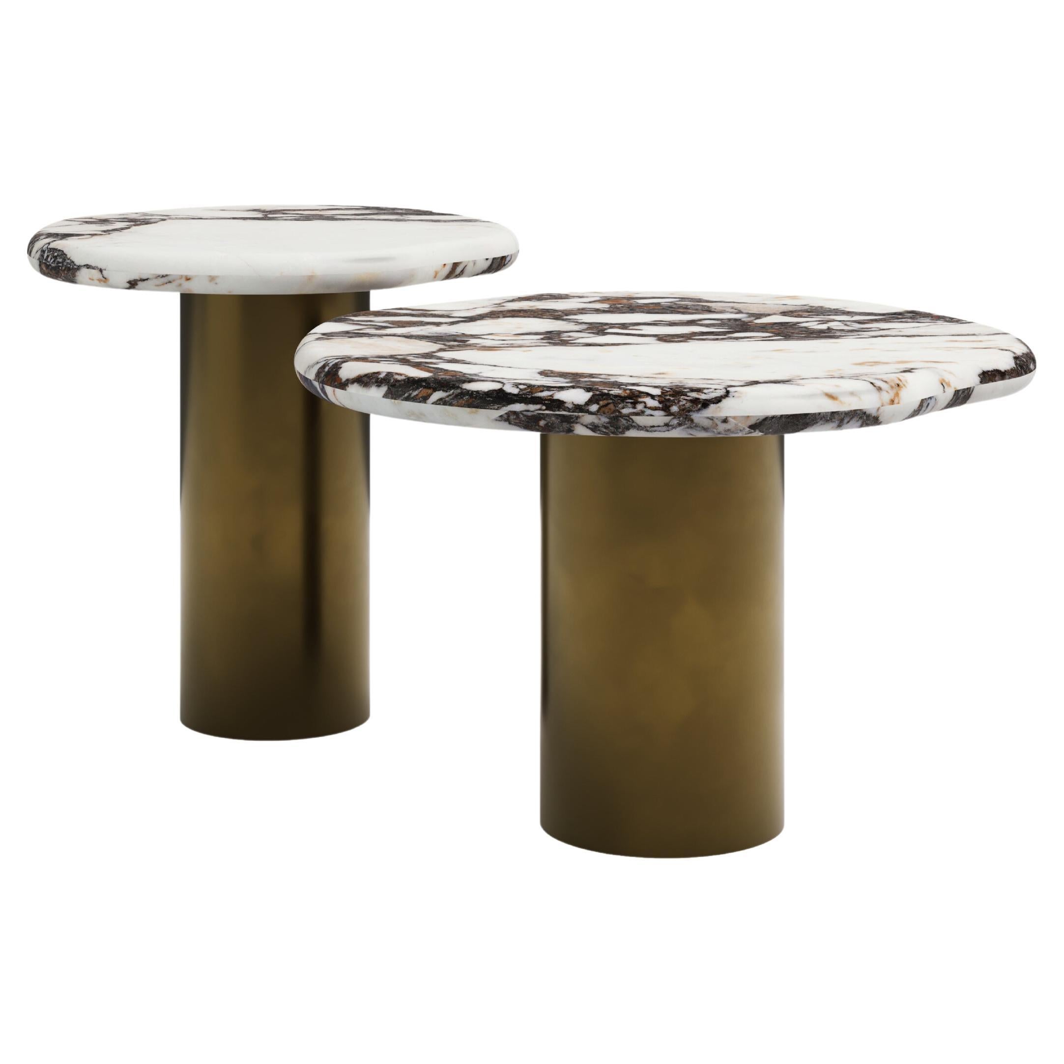 FORM(LA) Lago Round Side Table 18”L x 18”W x 18”H Viola Marble & Antique Bronze For Sale