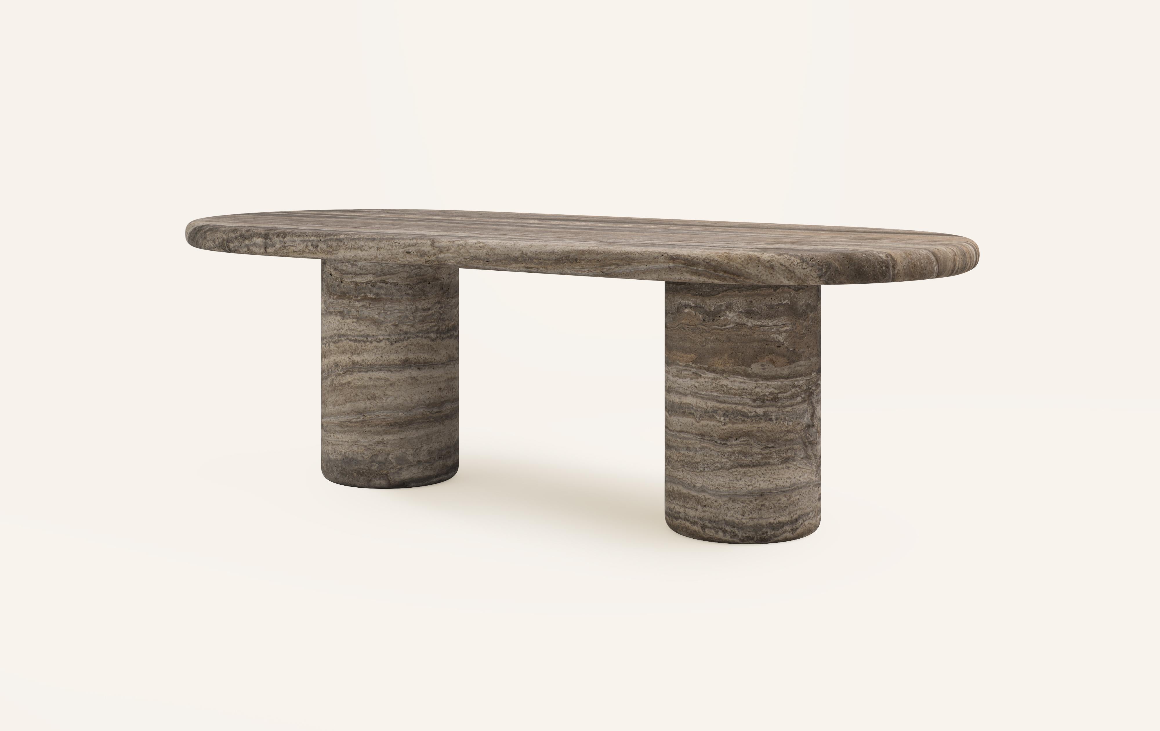Organic Modern FORM(LA) Luna Oval Dining Table 84”L x 42”W x 30”H Travertino Argento VC For Sale