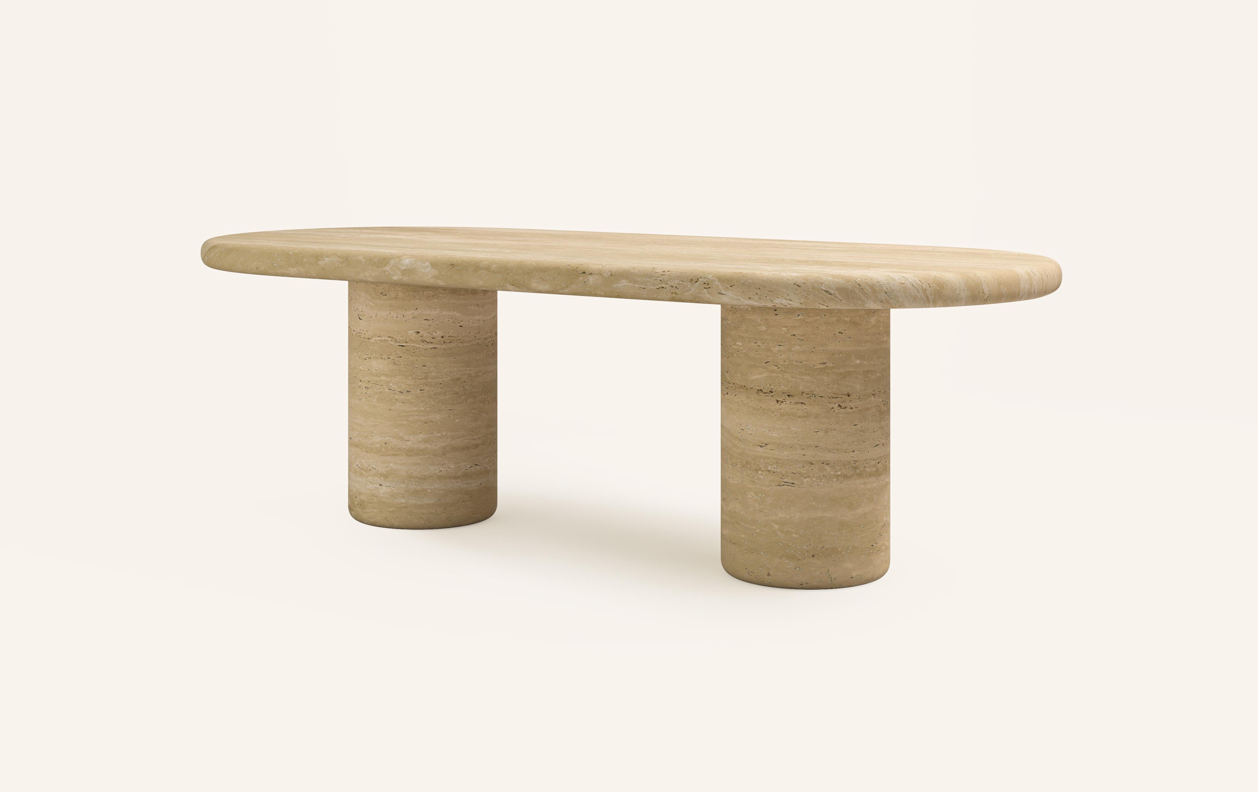 Organic Modern FORM(LA) Luna Oval Dining Table 96”L x 42”W x 30”H Travertino Crema VC For Sale