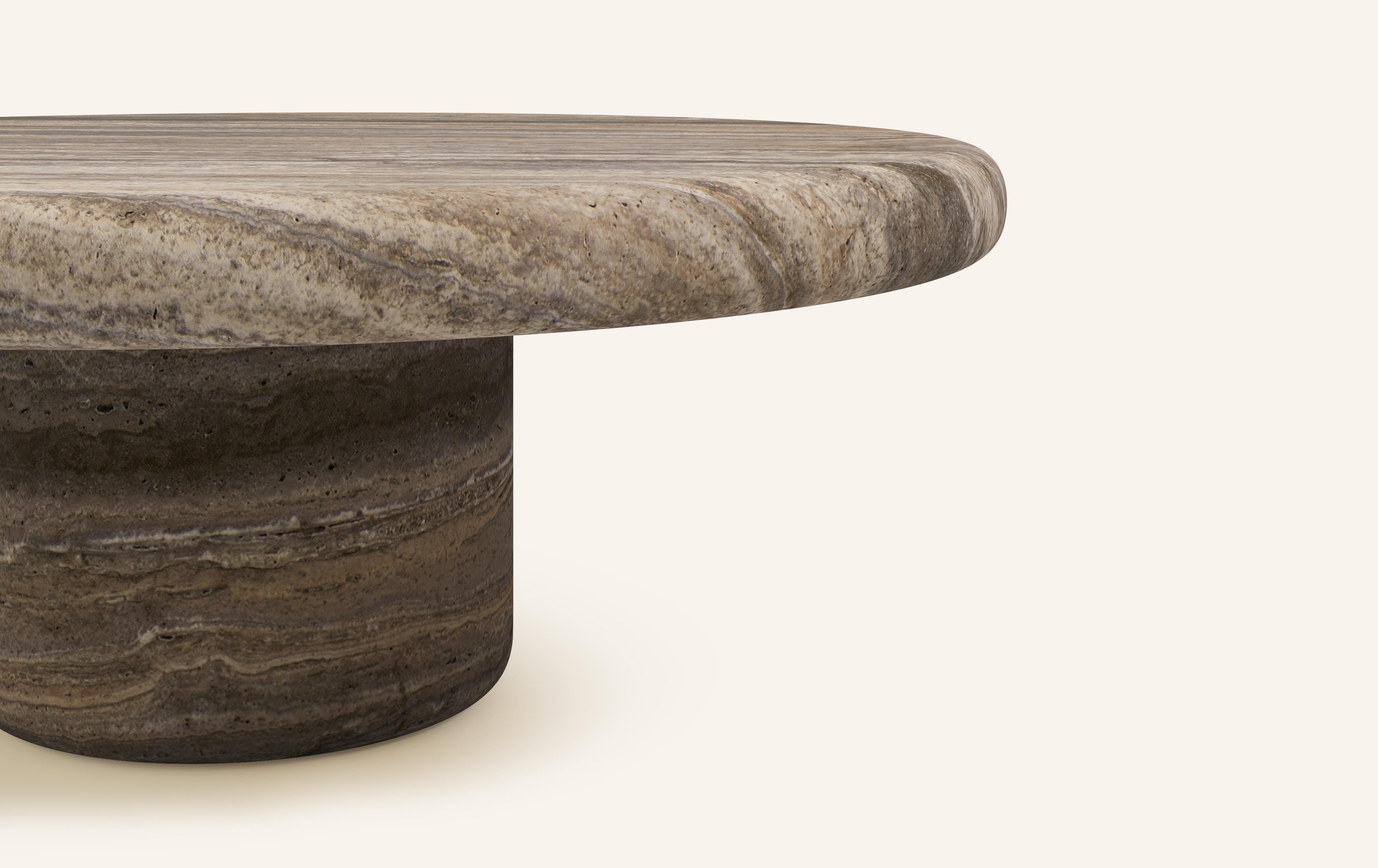 Organic Modern FORM(LA) Luna Round Coffee Table 36”L x 36”W x 15”H Travertino Argento VC For Sale