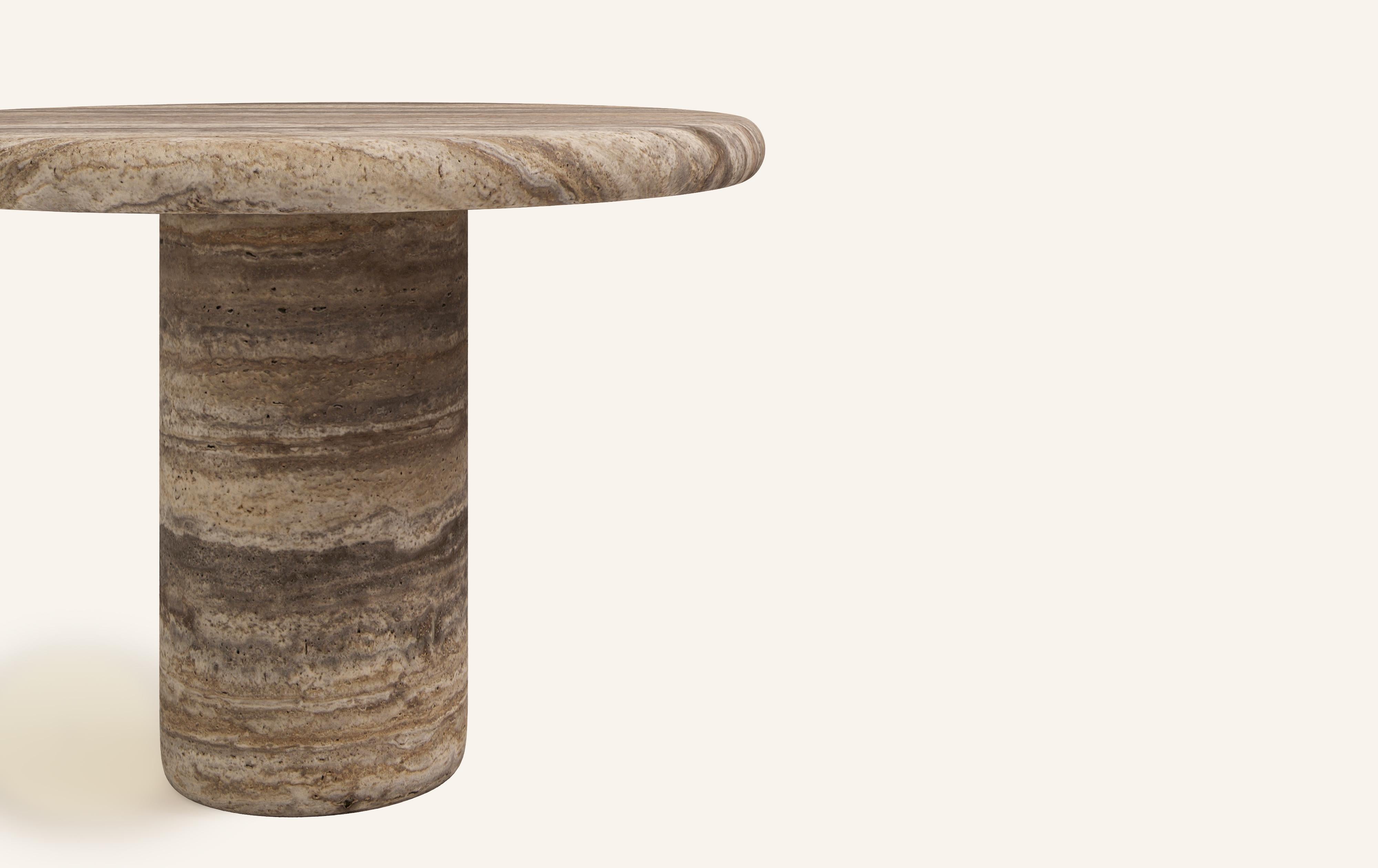 Organic Modern FORM(LA) Luna Round Dining Table 36”L x 36”W x 30”H Travertino Argento VC For Sale