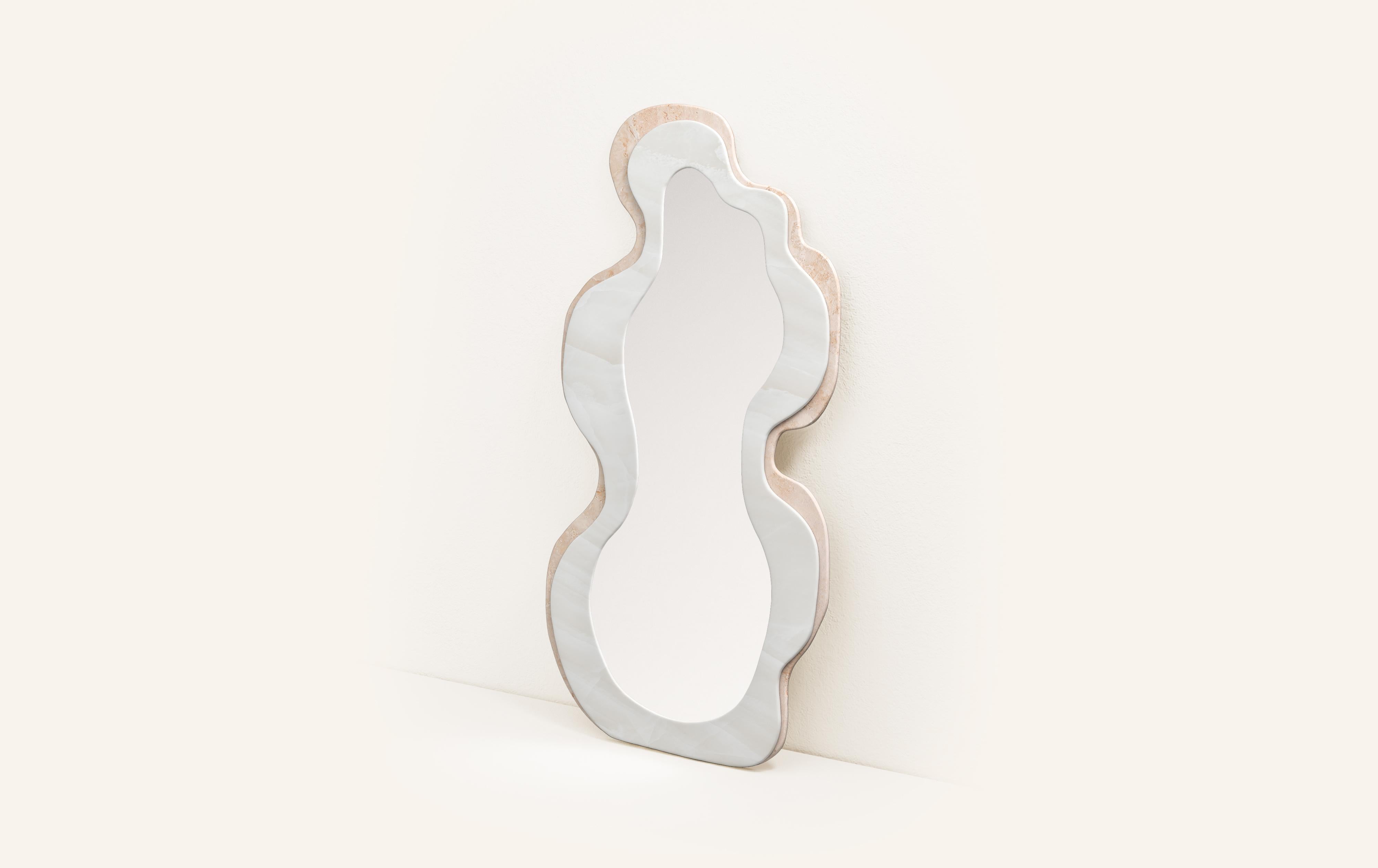 Organic Modern FORM(LA) Onda Floor Mirror 78”H x 42”W x 1.5”D Bianco Onyx & Travertino Navona  For Sale