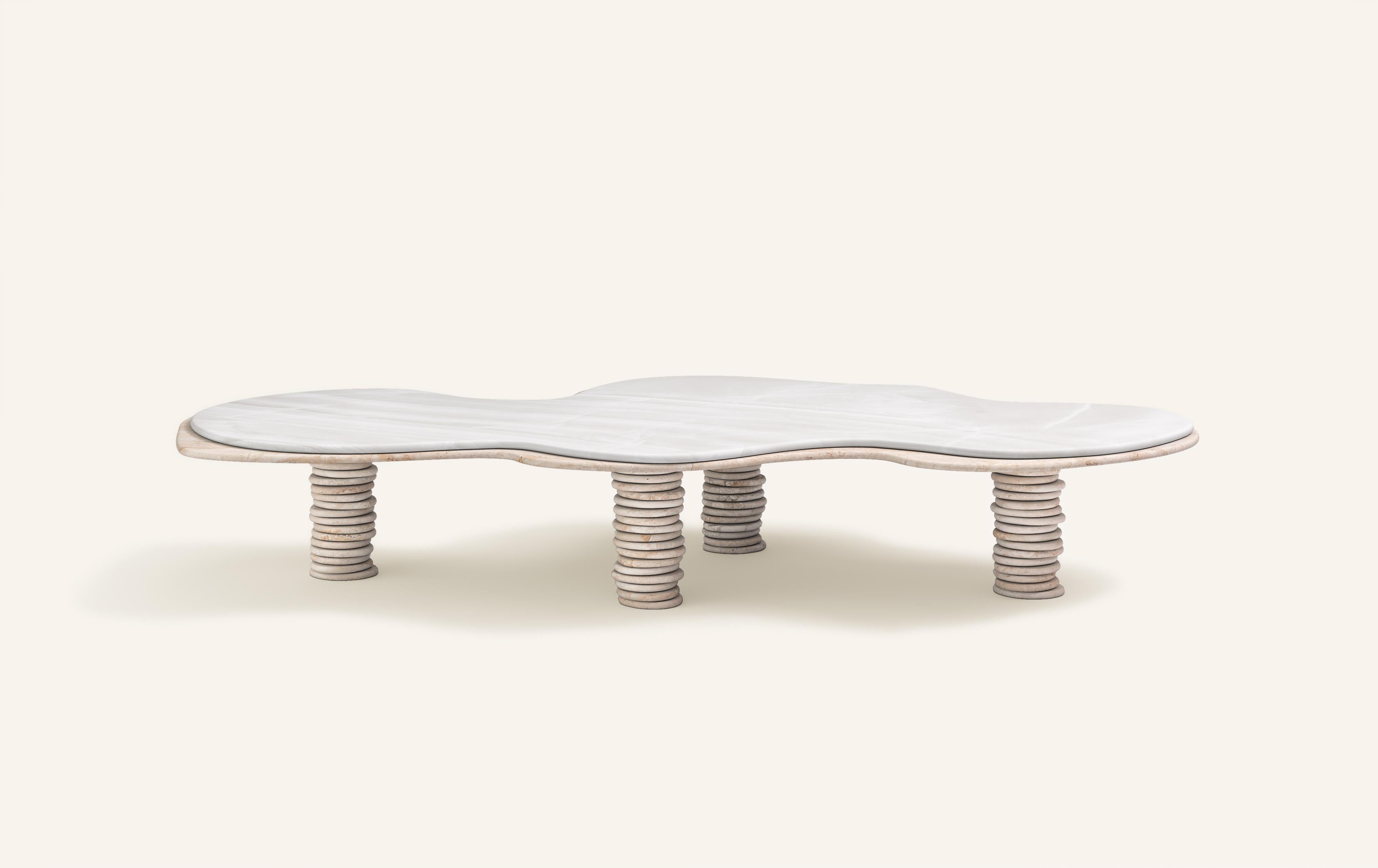 'ONDA', ITALIAN FOR 'WAVE', HAS INSPIRED A FREEFORM ORGANIC BODY, HEROING A COMPLEX AND TEXTURED COLLECTION. COMPRISING SIDE TABLES FOR LAYERING, COFFEE TABLES AND DINING TABLES.

DIMENSIONS:
72”L x 39-1/2”W x 14-3/16”H: 
- 1.5