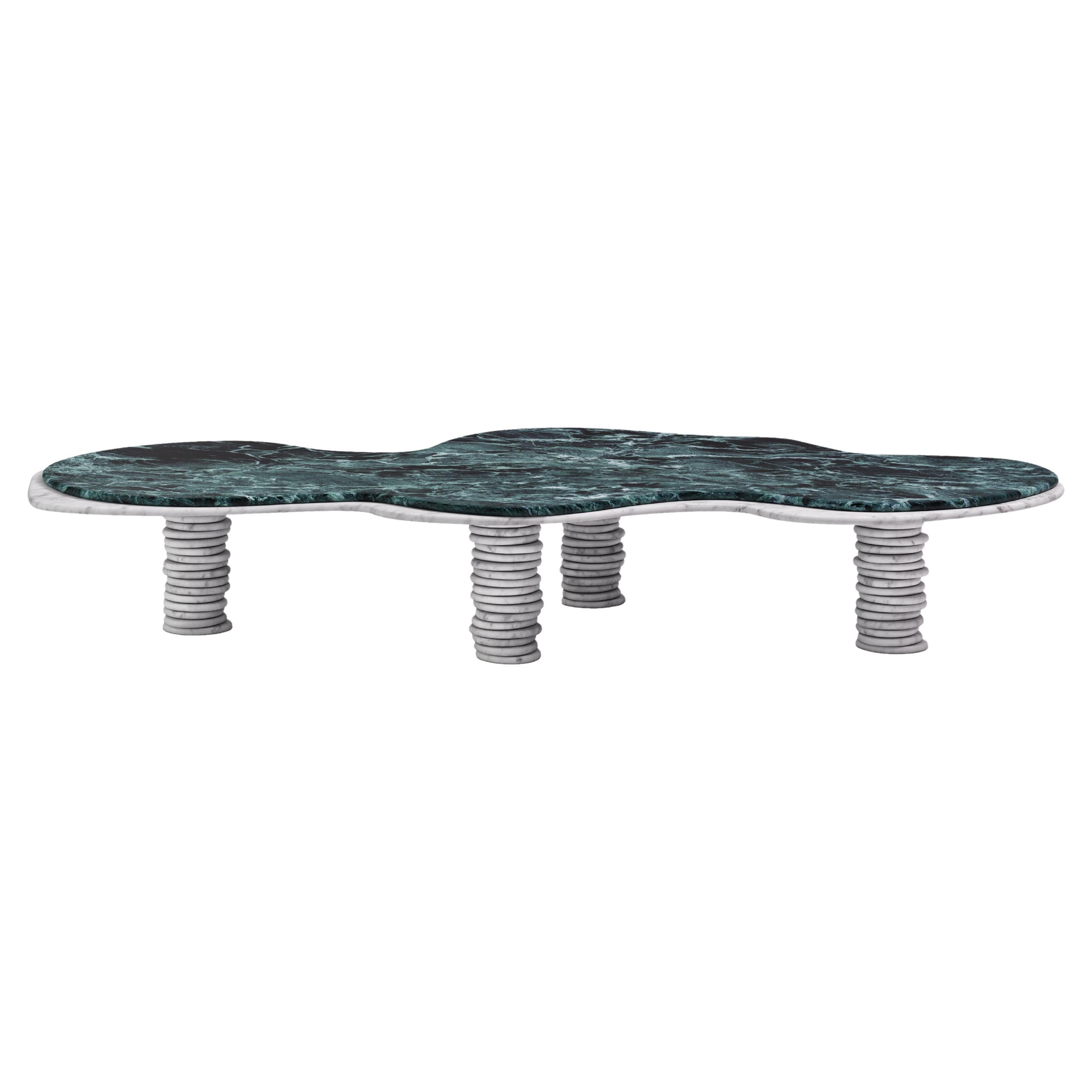 FORM(LA) Onda Freeform Coffee Table 84”L x 46”W x 14” Verde Alpi & Bianco Marble For Sale