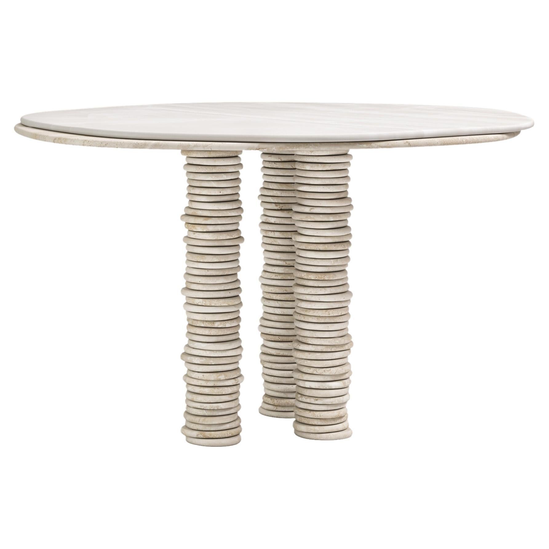 FORM(LA) Onda Round Dining Table 48”L x 48”W x 29”H Onyx & Travertino Navona VC For Sale