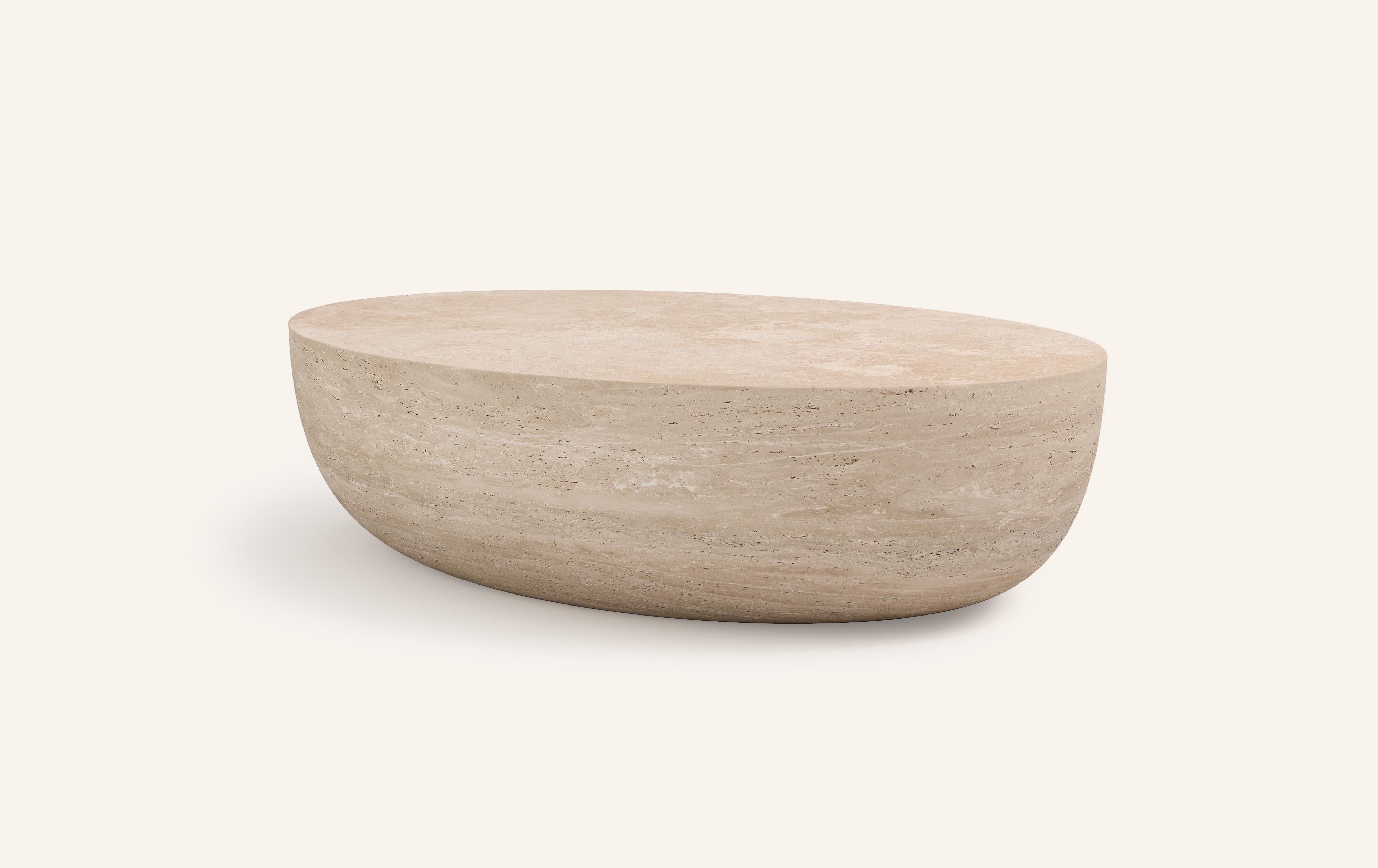 Organic Modern FORM(LA) Sfera Oval Coffee Table 48”L x 36”W x 16”H Travertino Crema VC For Sale