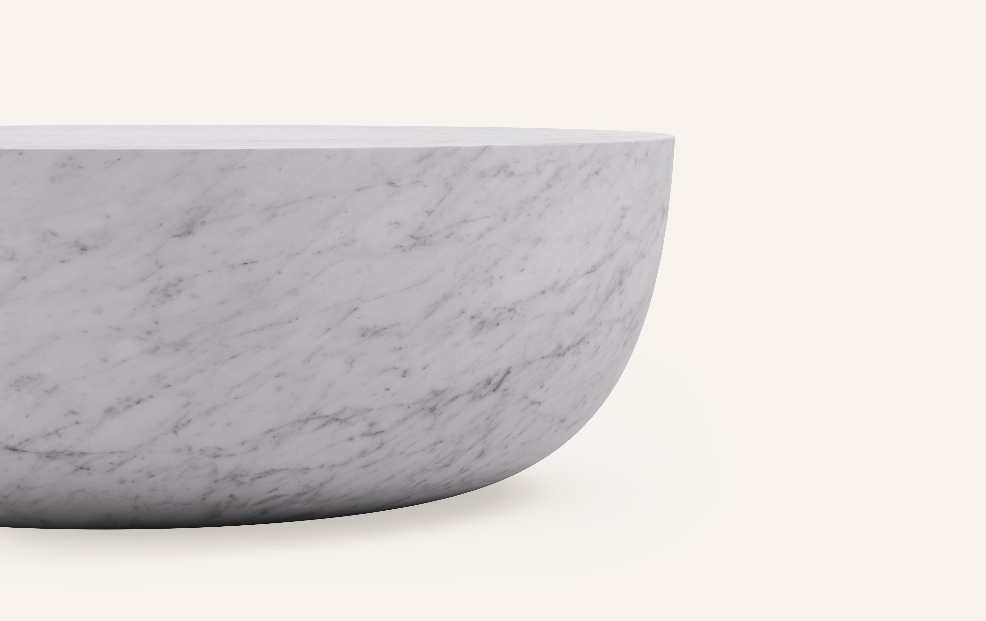 Organic Modern FORM(LA) Sfera Round Coffee Table 36”L x 36”W x 16”H Carrara Bianco Marble For Sale