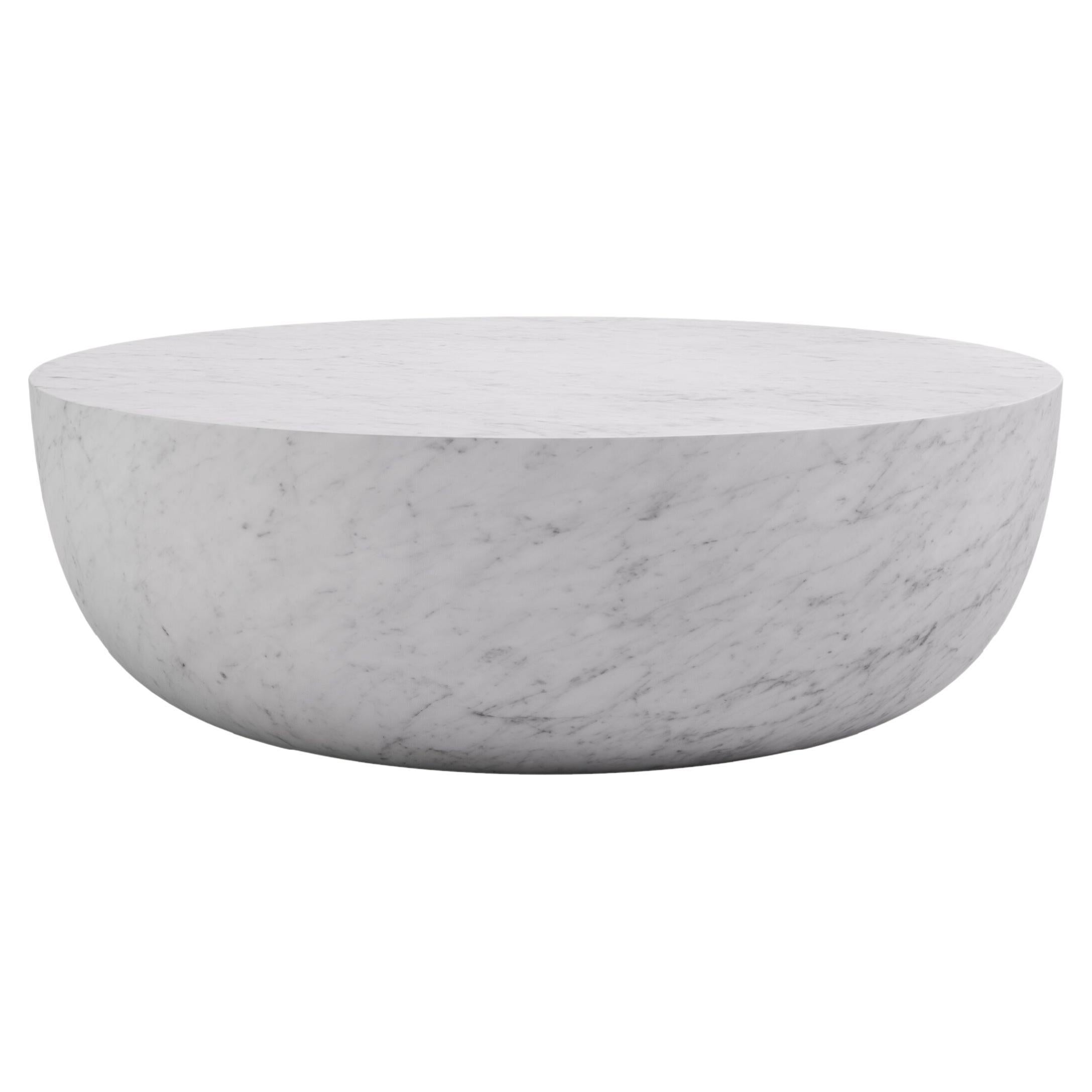 FORM(LA) Sfera Round Coffee Table 36”L x 36”W x 16”H Carrara Bianco Marble For Sale