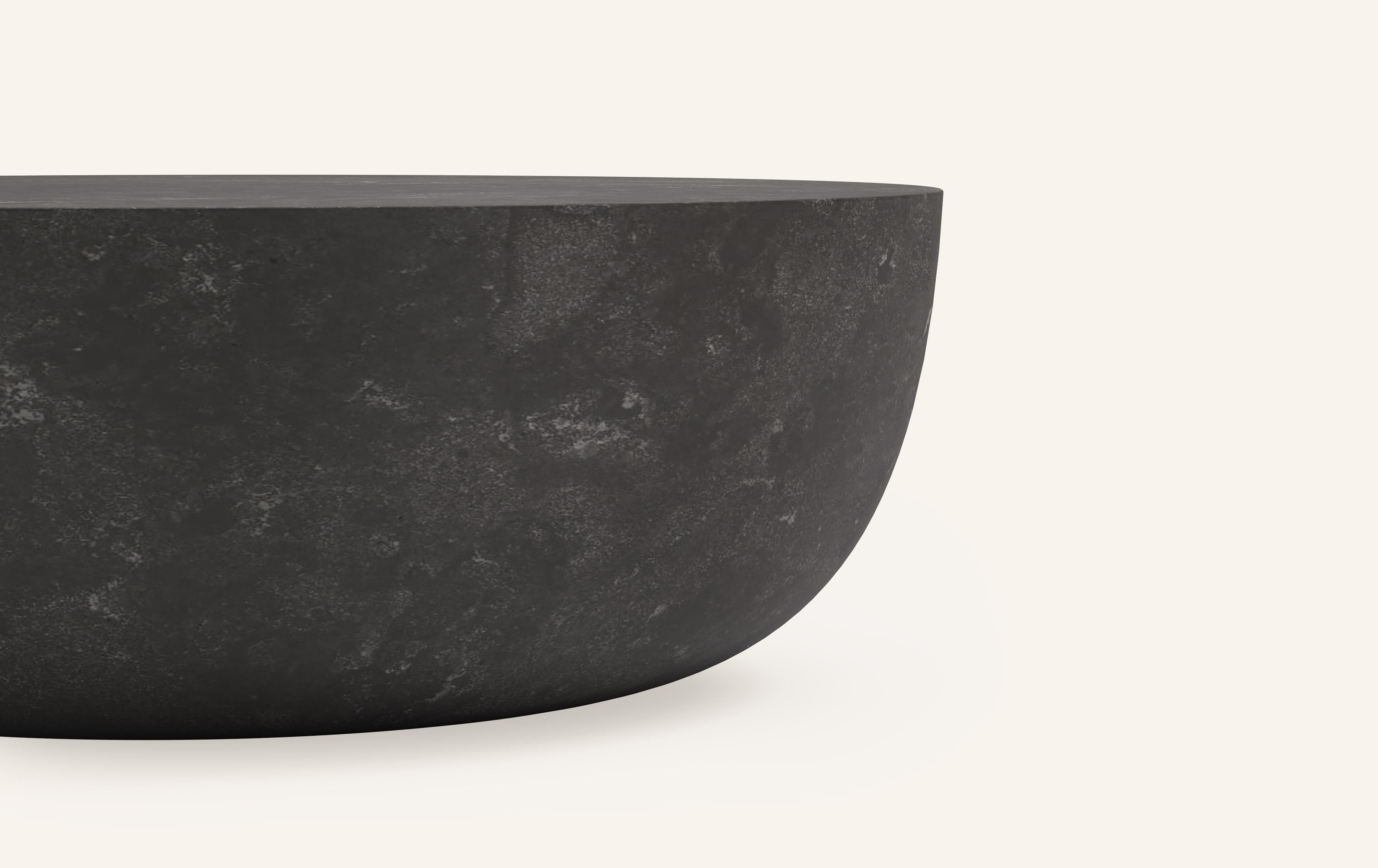 Organic Modern FORM(LA) Sfera Round Coffee Table 48”L x 48”W x 16”H Nero Petite Granite For Sale