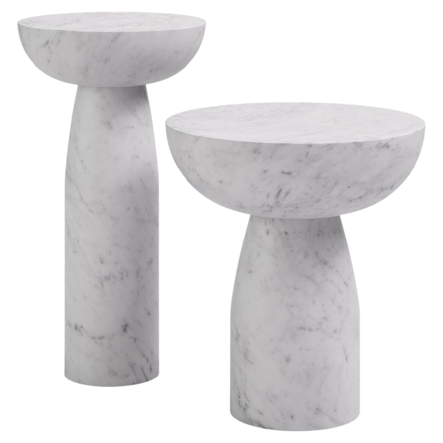 FORM(LA) Sfera Round Side Table 14”L x 14”W x 26”H Carrara Bianco Marble For Sale