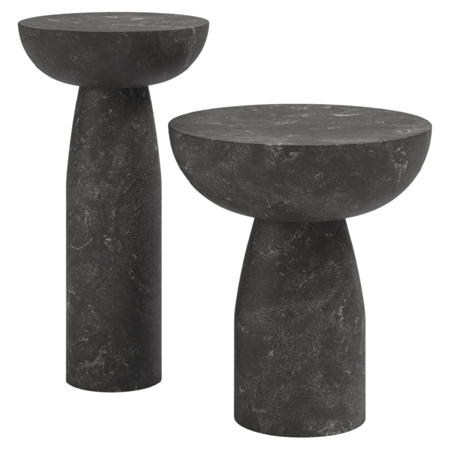 FORM(LA) Sfera Round Side Table 14”L x 14”W x 26”H Nero Petite Granite For Sale