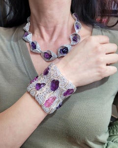 FORMS GRS Certified Fancy Sapphire Diamond Necklace Cuff Demi-Parure Suite