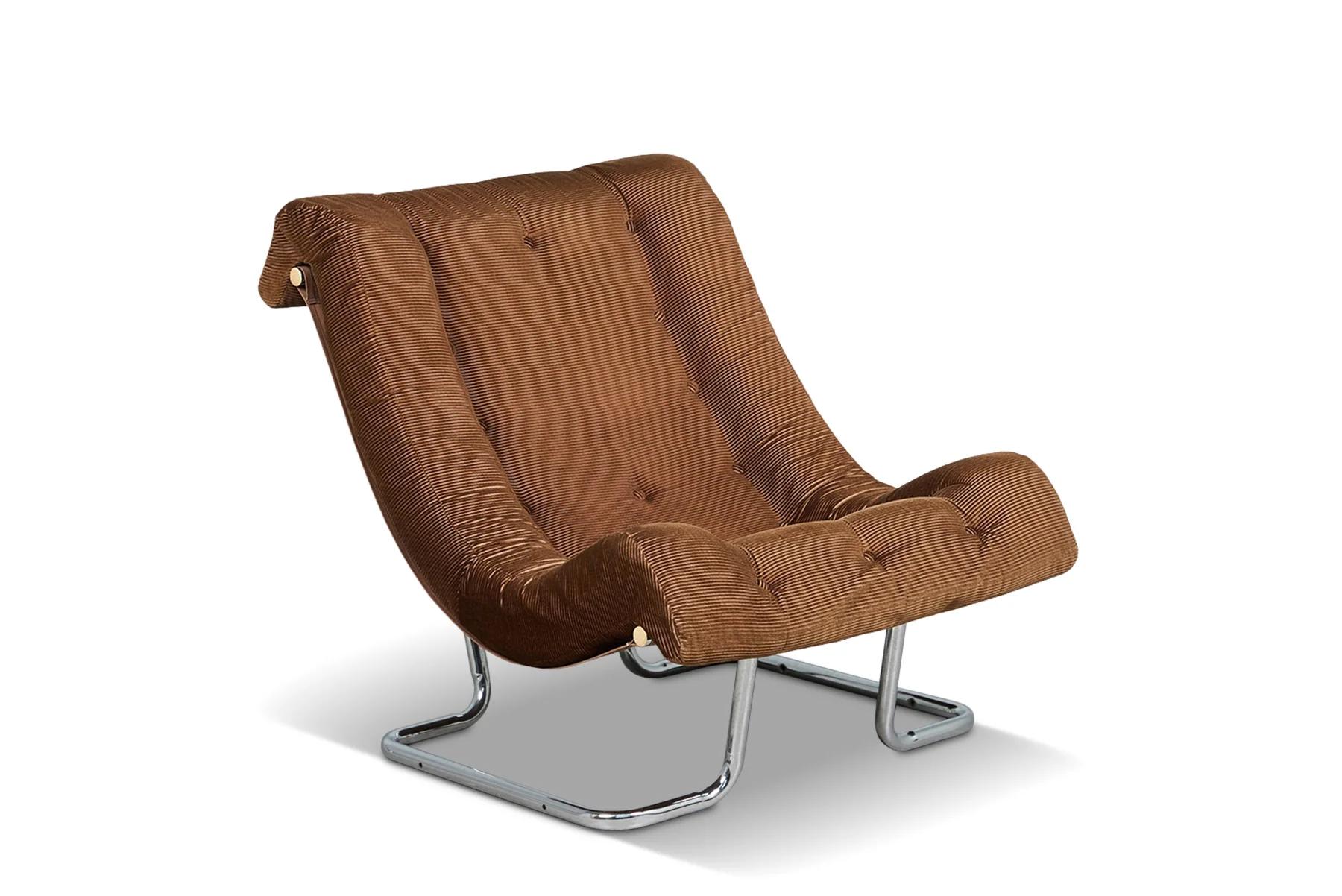 Origin: Sweden
Designer: Ruud Ekstrand & Christer Norman
Manufacturer: Dux
Era: 1970s
Materials: Chromed Steel, Cuduroy
Measurements: 31.5″ wide x 35.5″ deep x 35.5″ tall, Seat Height: 15.75