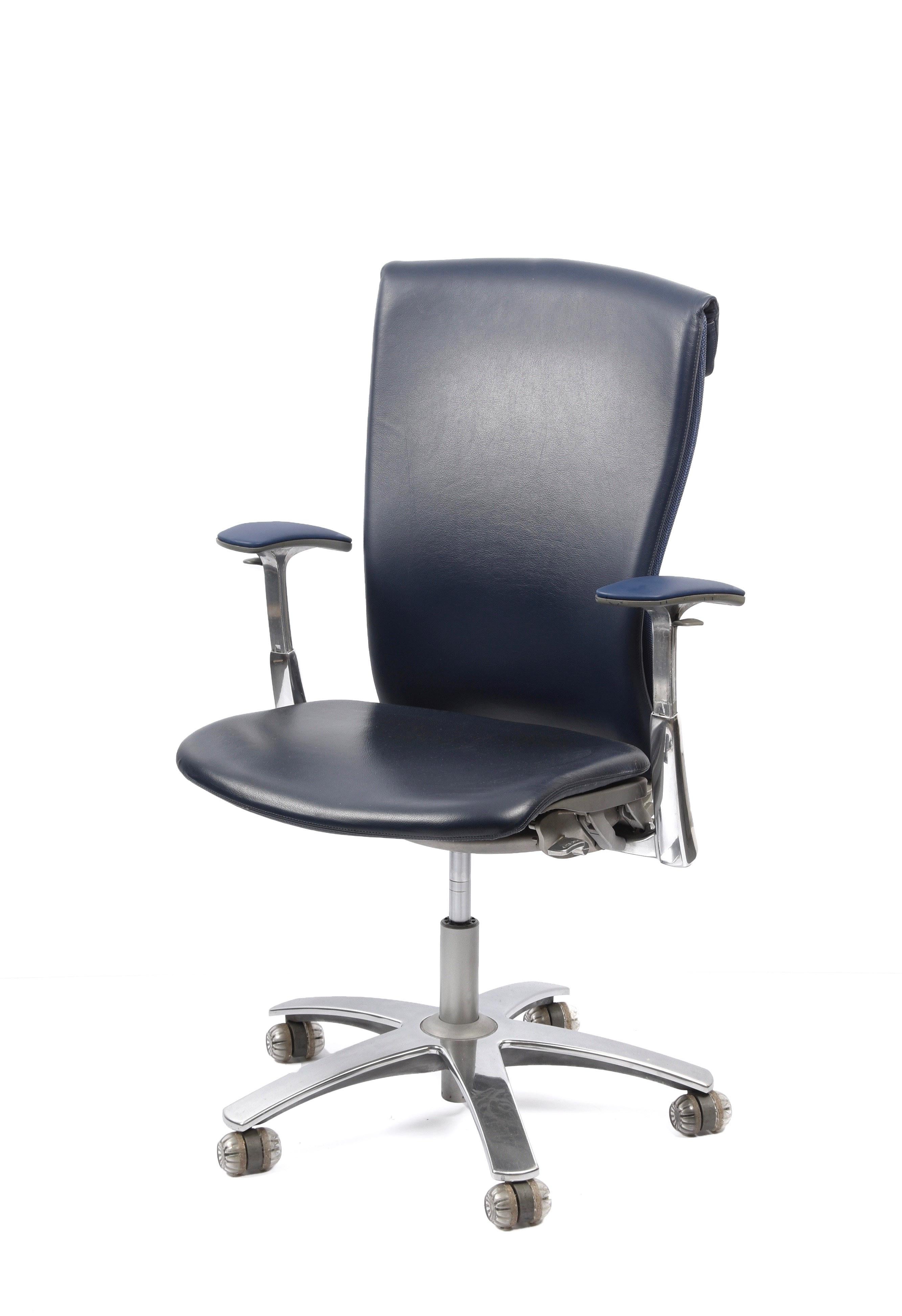 Amazing early 21st Century aluminium and Italian blue leather office armchair. This chair model, the 