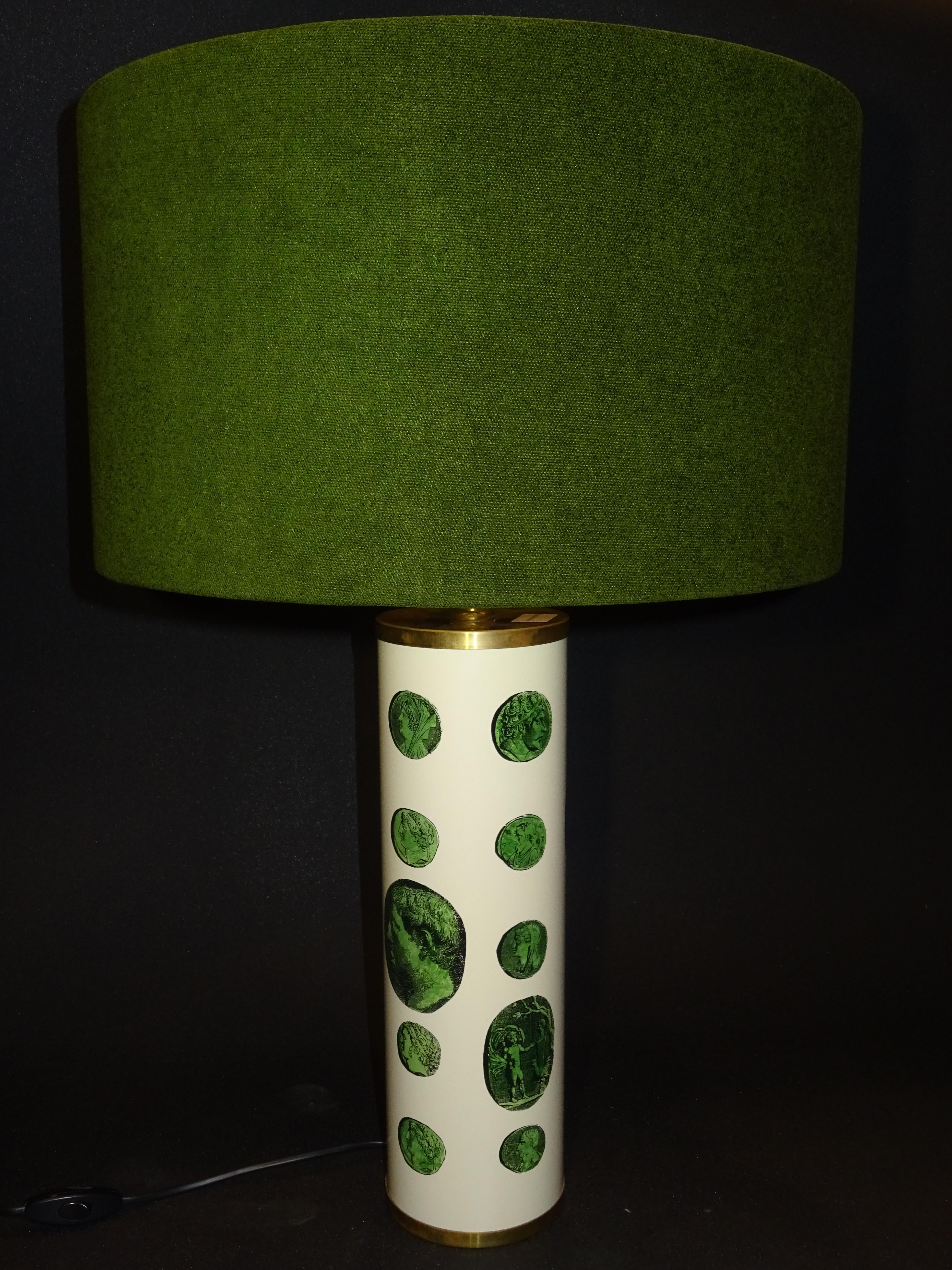 Fornasetti 1970s Green White Italian Table Lamp with a Green Shade, Label 6