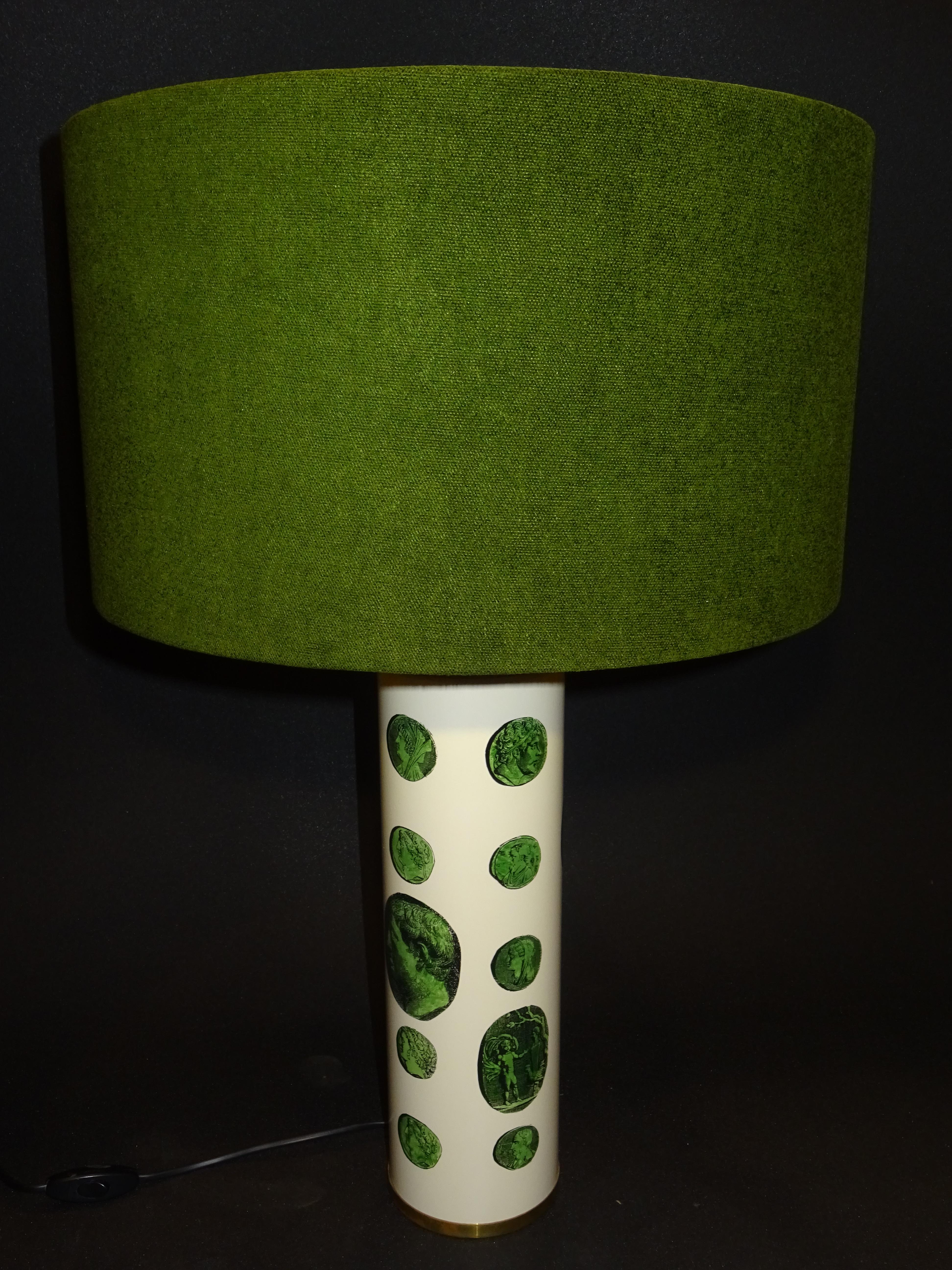 Fornasetti 1970s Green White Italian Table Lamp with a Green Shade, Label 7