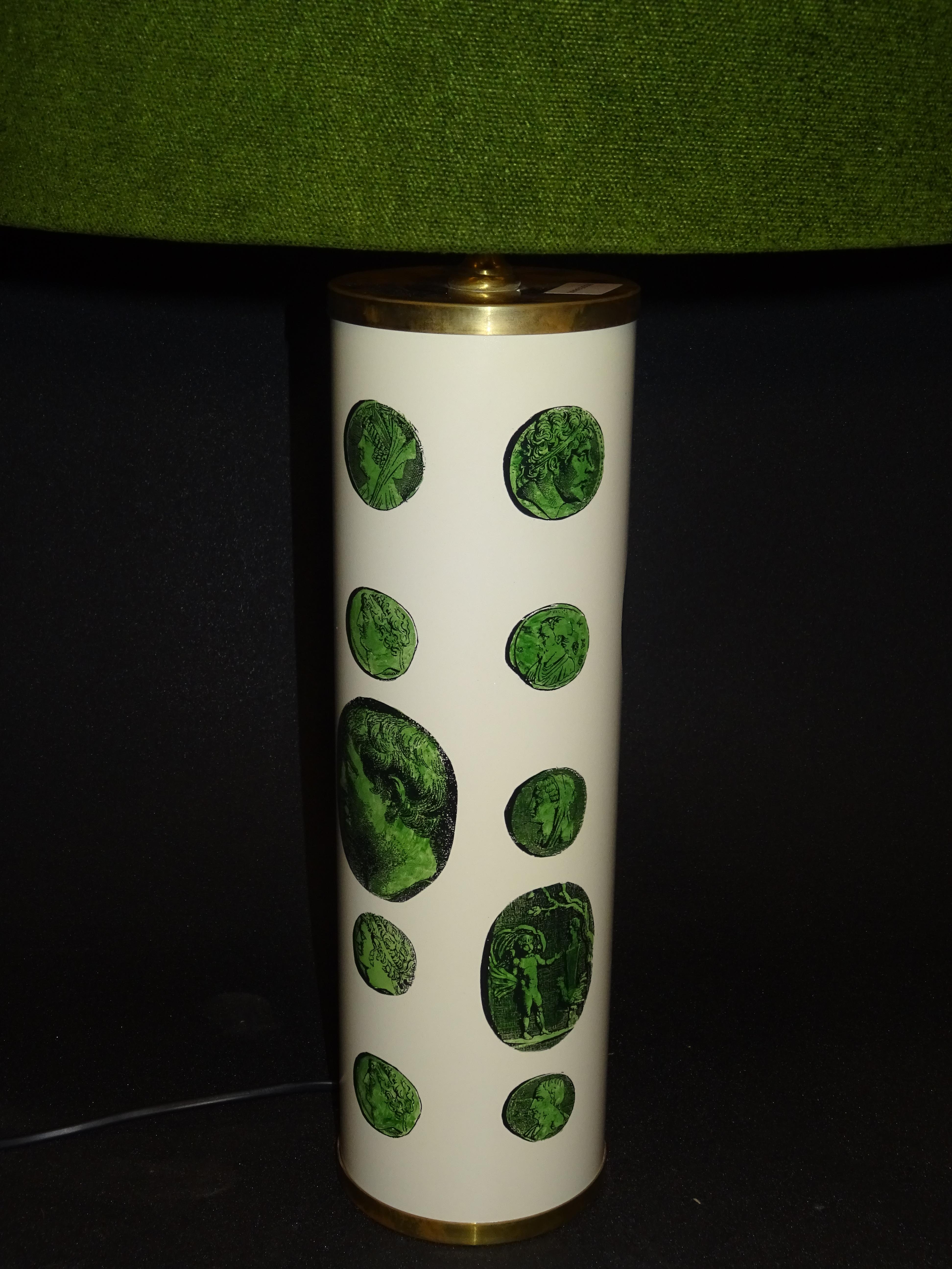 Fornasetti 1970s Green White Italian Table Lamp with a Green Shade, Label 8