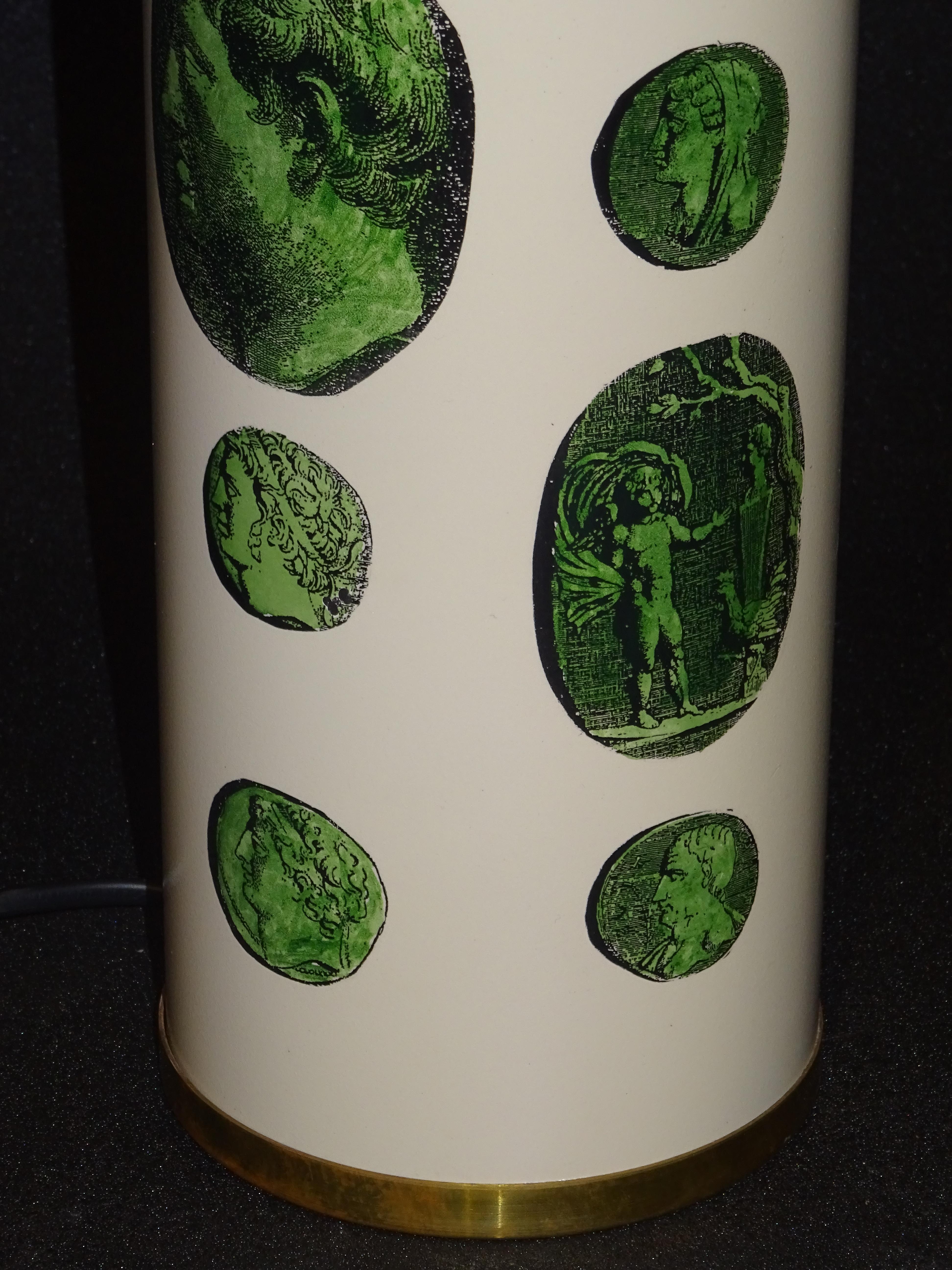 Late 20th Century Fornasetti 1970s Green White Italian Table Lamp with a Green Shade, Label