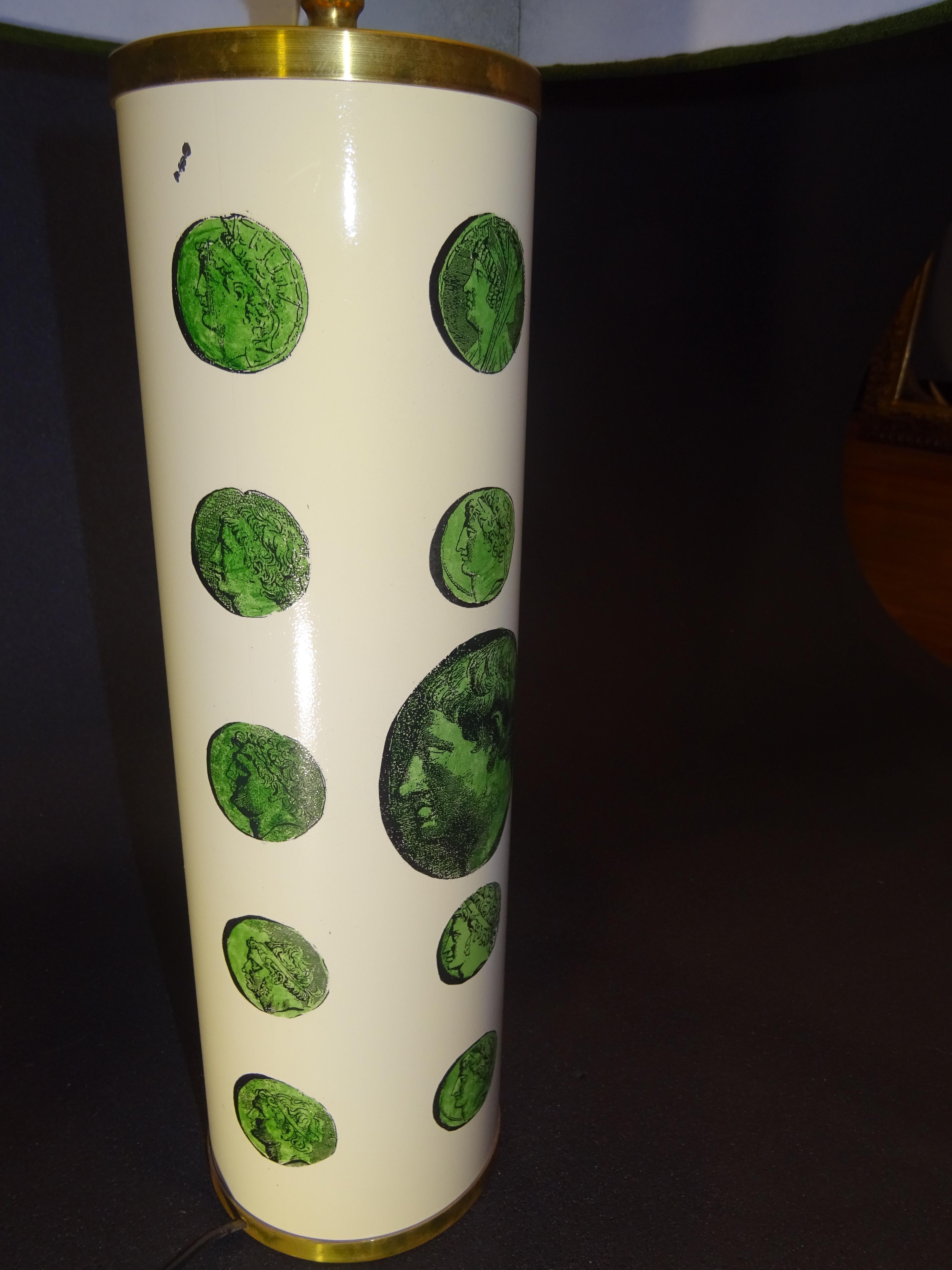 Fornasetti 1970s Green White Italian Table Lamp with a Green Shade, Label 2