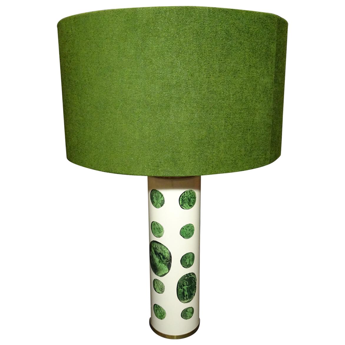 Fornasetti 1970s Green White Italian Table Lamp with a Green Shade, Label