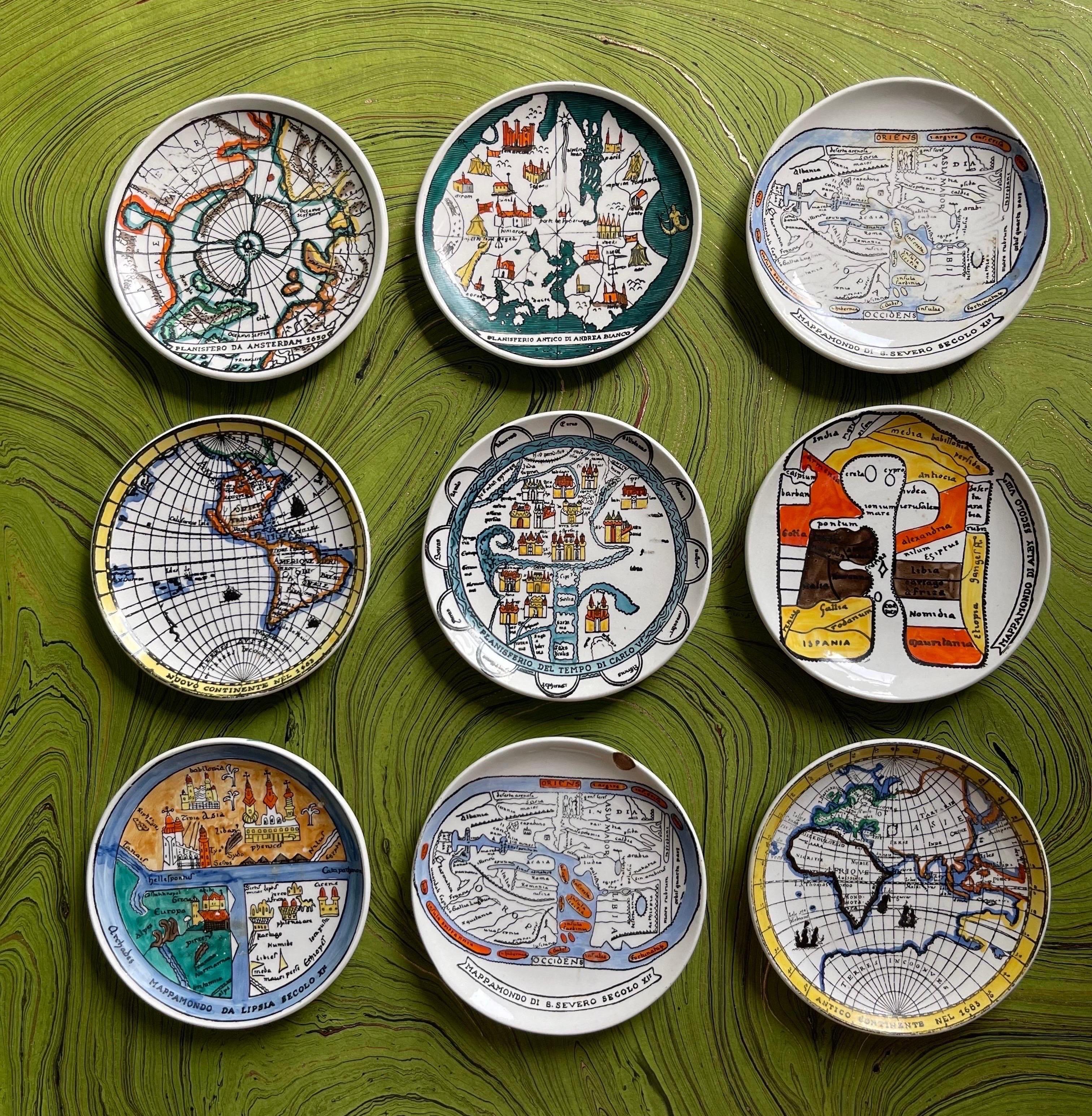 Piero Fornasetti’s “Antichi Planisferi” or antique maps series may be the most detailed and articulated of his coaster designs. Intricately hand-painted onto lithographic transfers, these plates have a lot of small condition issues, but as any