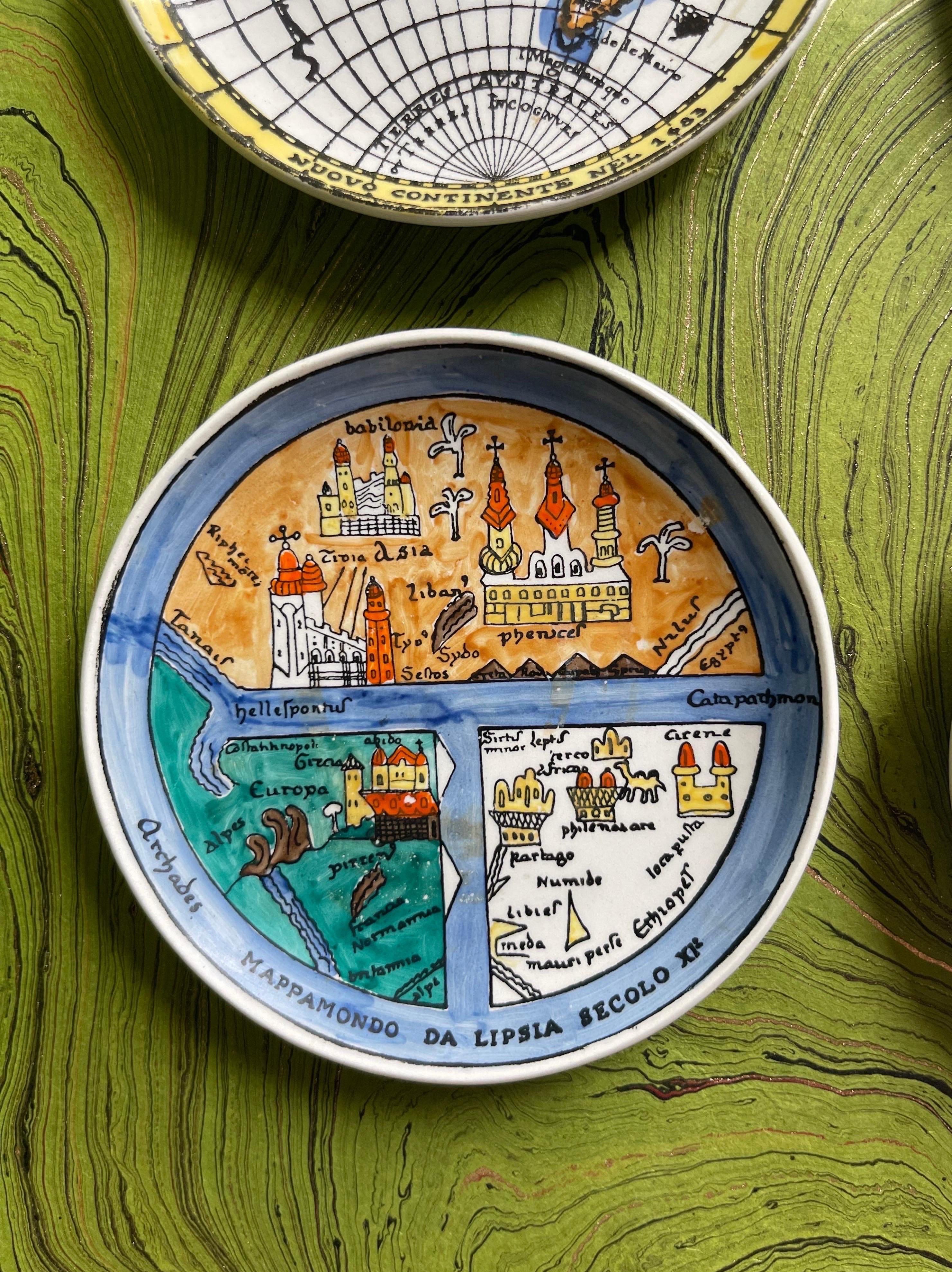 Mid-Century Modern Fornasetti “Antichi Planisferi” Hand Painted Map Small Plates or Coasters
