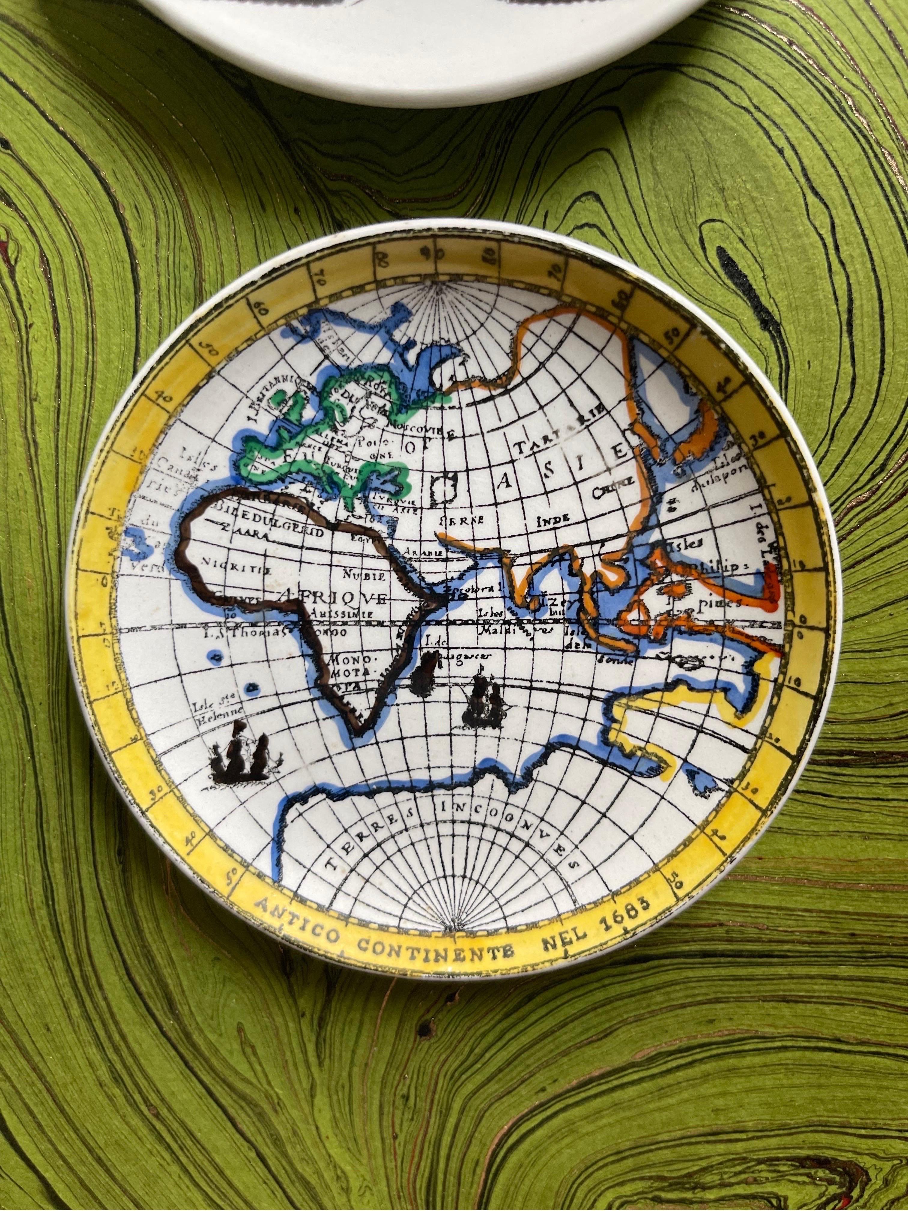Italian Fornasetti “Antichi Planisferi” Hand Painted Map Small Plates or Coasters