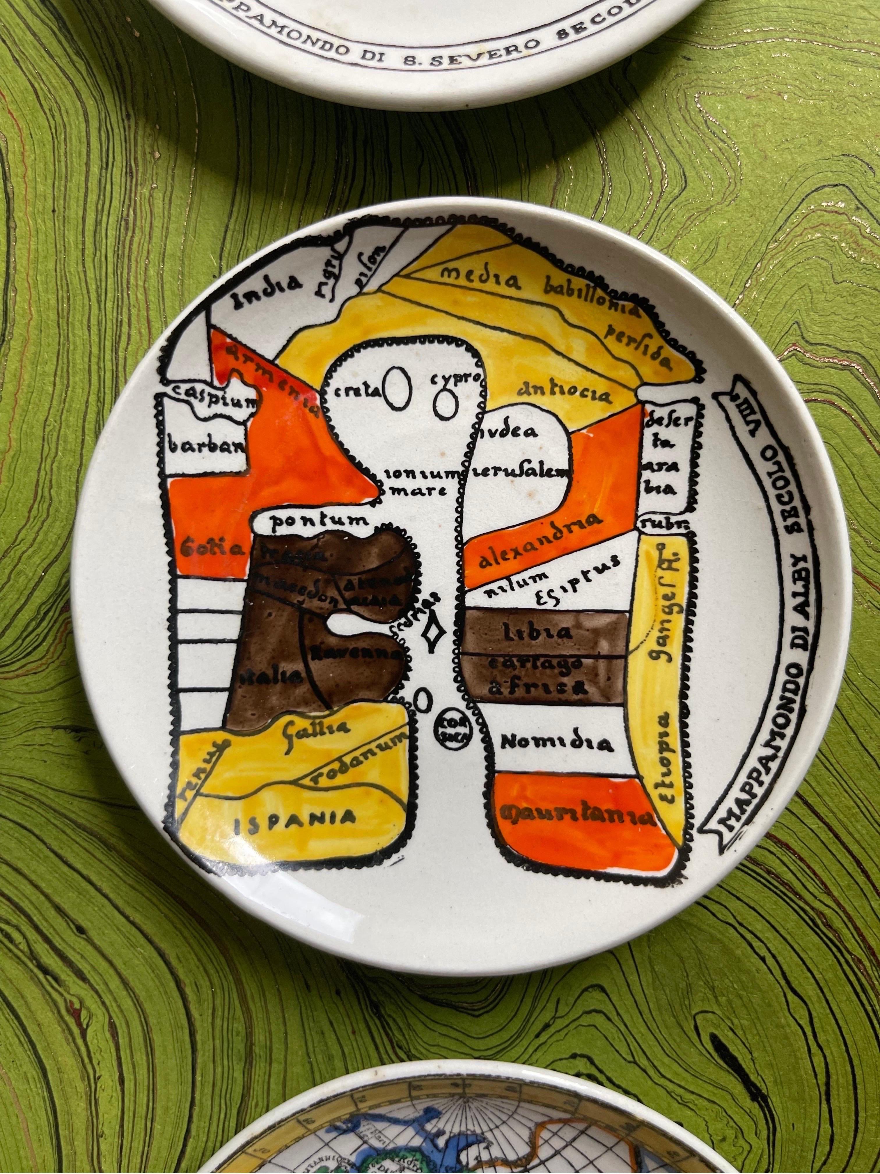 Hand-Painted Fornasetti “Antichi Planisferi” Hand Painted Map Small Plates or Coasters