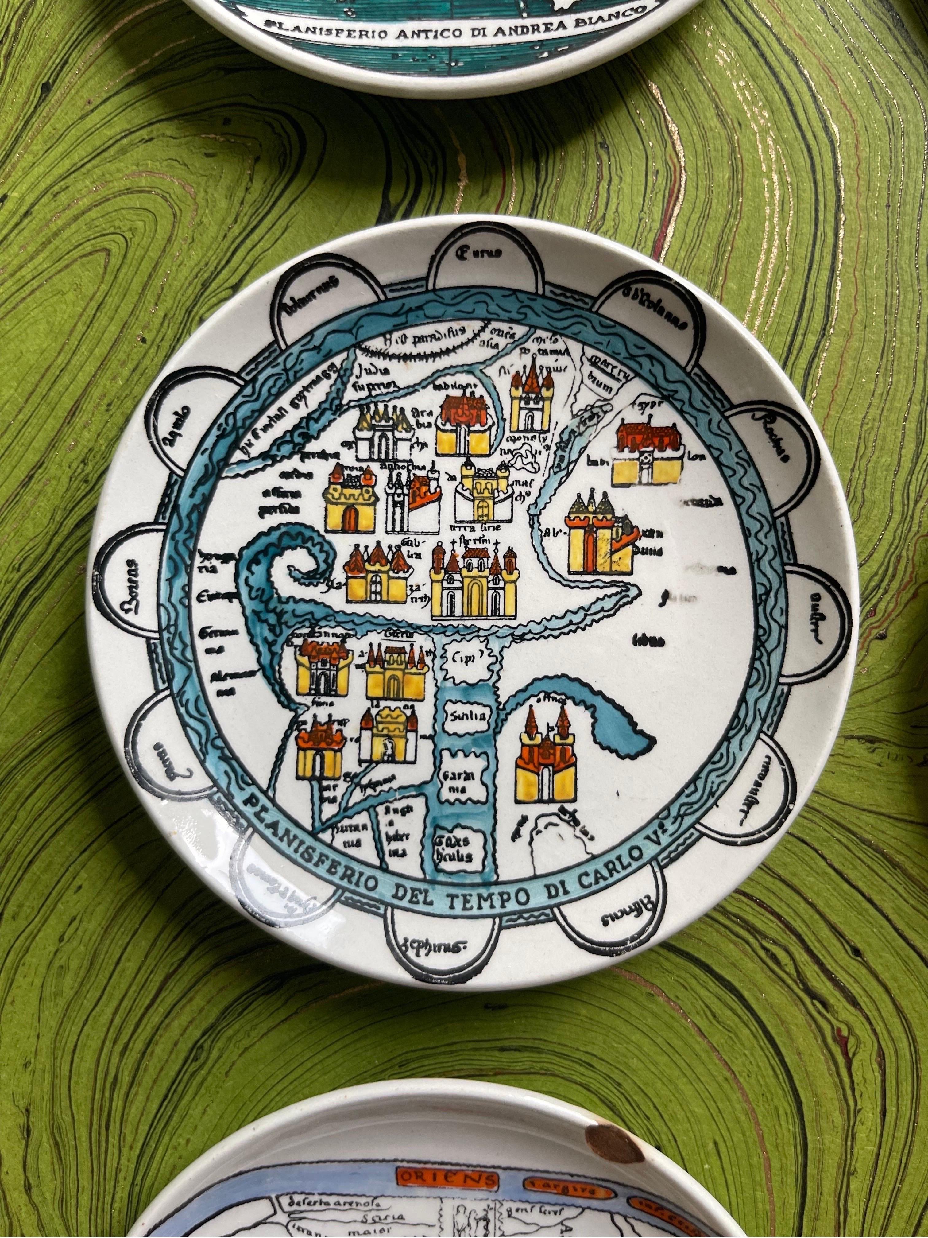 Fornasetti “Antichi Planisferi” Hand Painted Map Small Plates or Coasters In Good Condition In Brooklyn, NY