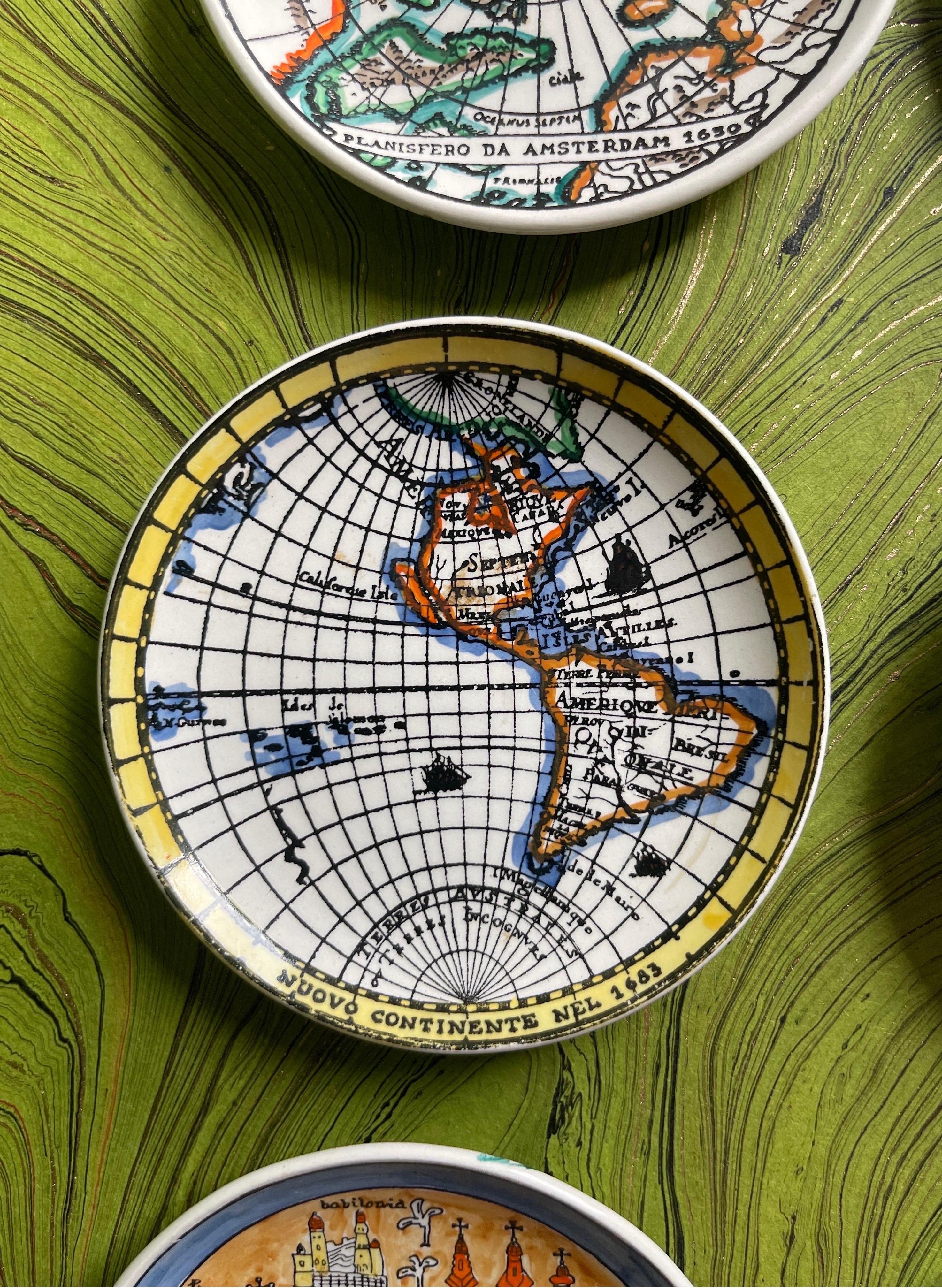 20th Century Fornasetti “Antichi Planisferi” Hand Painted Map Small Plates or Coasters