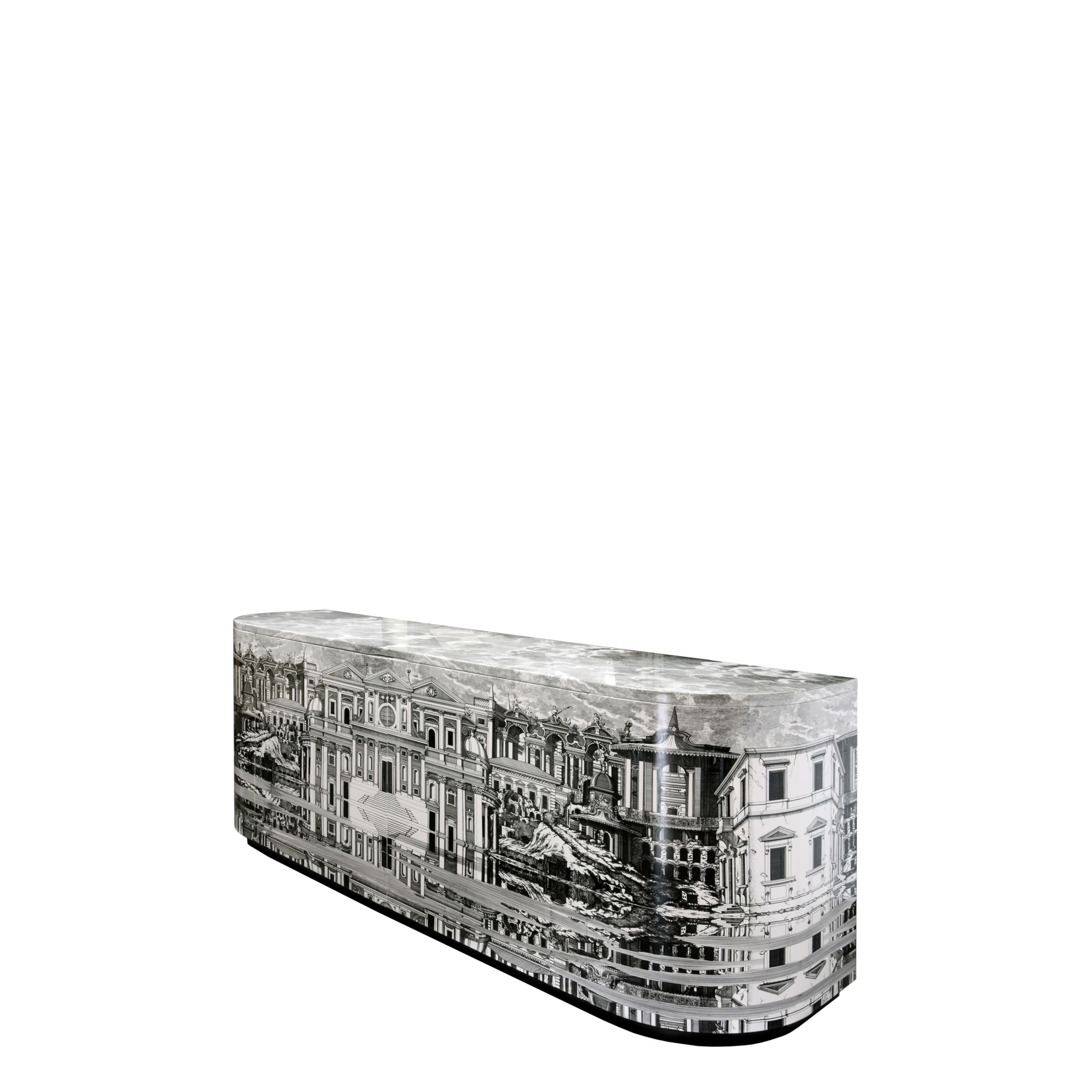 Modern Fornasetti Buffet Citta' Che Si Rispecchia Cabinet Wood Handcrafted Black/White