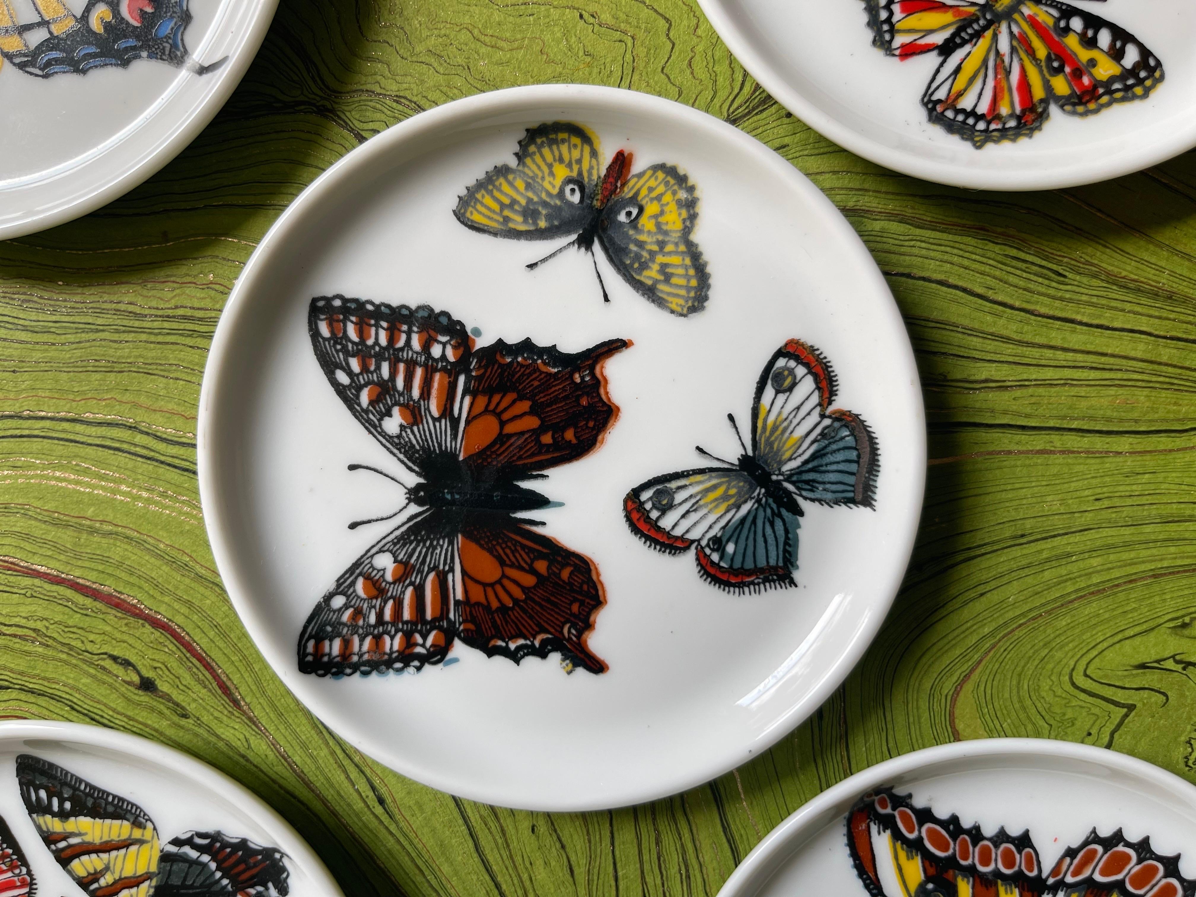Modern Fornasetti Butterfly “Farfalle” Ceramic Hand-Painted Coasters Set of 5