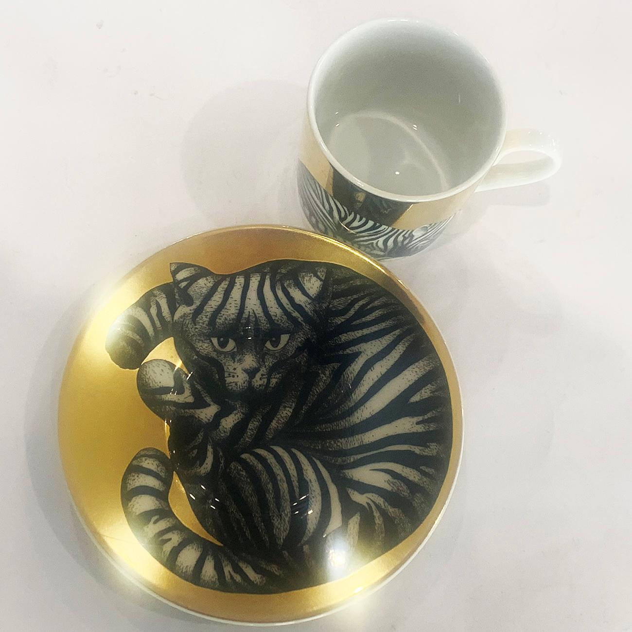 Mid-Century Modern Fornasetti Cat Cup and Saucer by Rosenthal